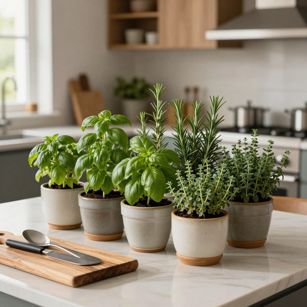 A beautifully arranged herb garden centerpiece on a luxurious kitchen island, showcasing a variety of vibrant green herbs such as basil, rosemary, and thyme, potted in elegant ceramic planters. In the foreground, a rustic wooden cutting board and a set of high-end kitchen utensils complement the scene. In the middle, the herb pots are artfully arranged, displaying varying heights and textures, evoking a sense of tranquility. The background features a softly blurred modern kitchen with high-end appliances and warm, natural light streaming through a nearby window, creating a cozy and inviting atmosphere. The image should be captured from a slightly elevated angle to highlight the centerpiece's details, emphasizing the fresh, organic feel while maintaining a chic aesthetic. A beautifully arranged herb garden centerpiece on a luxurious kitchen island, showcasing a variety of vibrant green herbs such as basil, rosemary, and thyme, potted in elegant ceramic planters. In the foreground, a rustic wooden cutting board and a set of high-end kitchen utensils complement the scene. In the middle, the herb pots are artfully arranged, displaying varying heights and textures, evoking a sense of tranquility. The background features a softly blurred modern kitchen with high-end appliances and warm, natural light streaming through a nearby window, creating a cozy and inviting atmosphere. The image should be captured from a slightly elevated angle to highlight the centerpiece's details, emphasizing the fresh, organic feel while maintaining a chic aesthetic.