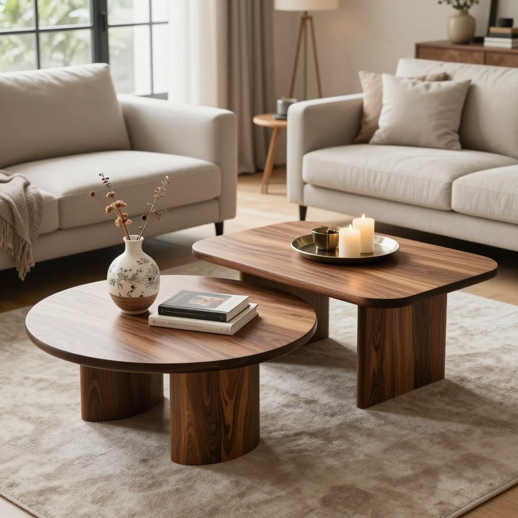 A beautifully arranged interior scene showcasing a variety of coffee table design options, emphasizing both round and square tables. In the foreground, a stylish round coffee table adorned with a decorative vase and books contrasts with a contemporary square coffee table displaying a chic tray and candles. The middle ground features a cozy living room setting with a plush sofa and a soft rug, inviting relaxation. In the background, warm natural light spills in through a large window, highlighting the textures of the furniture and creating a welcoming atmosphere. The scene captures a modern, elegant vibe with rich wood tones and soft fabric contrasts, evoking a sense of comfort and style perfect for various lifestyles. The perspective is shot at eye level, enhancing the accessibility and appeal of the designs. A beautifully arranged interior scene showcasing a variety of coffee table design options, emphasizing both round and square tables. In the foreground, a stylish round coffee table adorned with a decorative vase and books contrasts with a contemporary square coffee table displaying a chic tray and candles. The middle ground features a cozy living room setting with a plush sofa and a soft rug, inviting relaxation. In the background, warm natural light spills in through a large window, highlighting the textures of the furniture and creating a welcoming atmosphere. The scene captures a modern, elegant vibe with rich wood tones and soft fabric contrasts, evoking a sense of comfort and style perfect for various lifestyles. The perspective is shot at eye level, enhancing the accessibility and appeal of the designs.