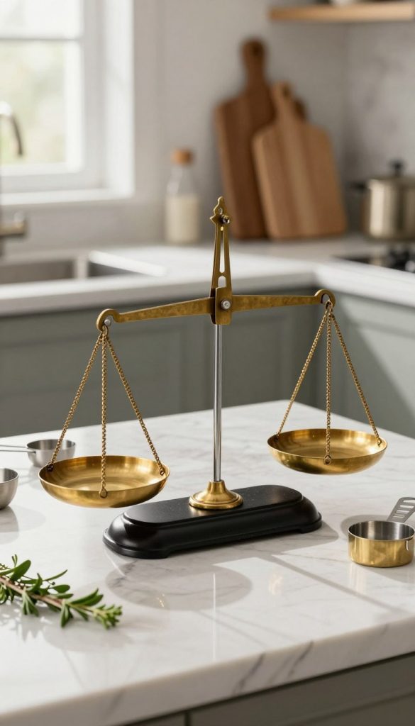 A beautifully arranged kitchen countertop featuring a vintage-style balance scale with a mix of brass, chrome, and matte black elements. In the foreground, the scale's intricate details highlight the contrasting textures of the metals, while brass weights glimmer softly beside chrome increments. In the middle, there are small tools like measuring cups and sprigs of herbs to convey a culinary setting. The background includes subtle kitchen elements like a wooden cutting board and marble backsplash, softly blurred to keep the focus on the scale. Natural light filters in from a nearby window, casting gentle shadows and creating a warm, inviting atmosphere that emphasizes the harmony of mixed metals in a kitchen environment.