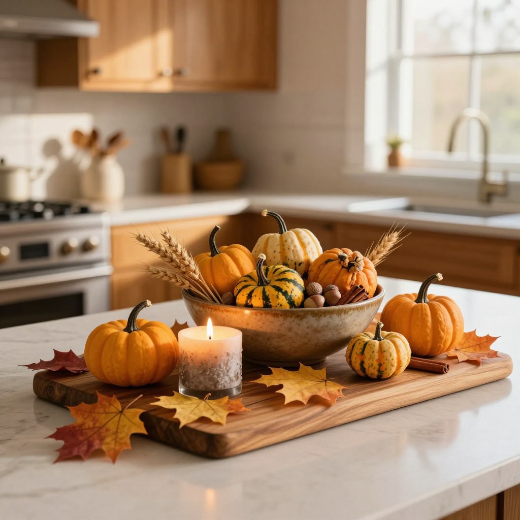 A beautifully arranged kitchen island centerpiece showcasing autumn decor. In the foreground, a wooden cutting board adorned with vibrant autumn leaves, miniature pumpkins, and a rustic candle centerpiece flickering softly. In the middle, a decorative bowl filled with an assortment of gourds and acorns, complemented by sprigs of dried wheat and cinnamon sticks. The background features a softly lit kitchen with warm-toned cabinetry and a window allowing natural light to stream in, casting a golden hue over the scene. Use a shallow depth of field to focus on the centerpiece, creating a rich, inviting atmosphere that embodies the essence of the autumn season with a touch of luxury and elegance. A beautifully arranged kitchen island centerpiece showcasing autumn decor. In the foreground, a wooden cutting board adorned with vibrant autumn leaves, miniature pumpkins, and a rustic candle centerpiece flickering softly. In the middle, a decorative bowl filled with an assortment of gourds and acorns, complemented by sprigs of dried wheat and cinnamon sticks. The background features a softly lit kitchen with warm-toned cabinetry and a window allowing natural light to stream in, casting a golden hue over the scene. Use a shallow depth of field to focus on the centerpiece, creating a rich, inviting atmosphere that embodies the essence of the autumn season with a touch of luxury and elegance.