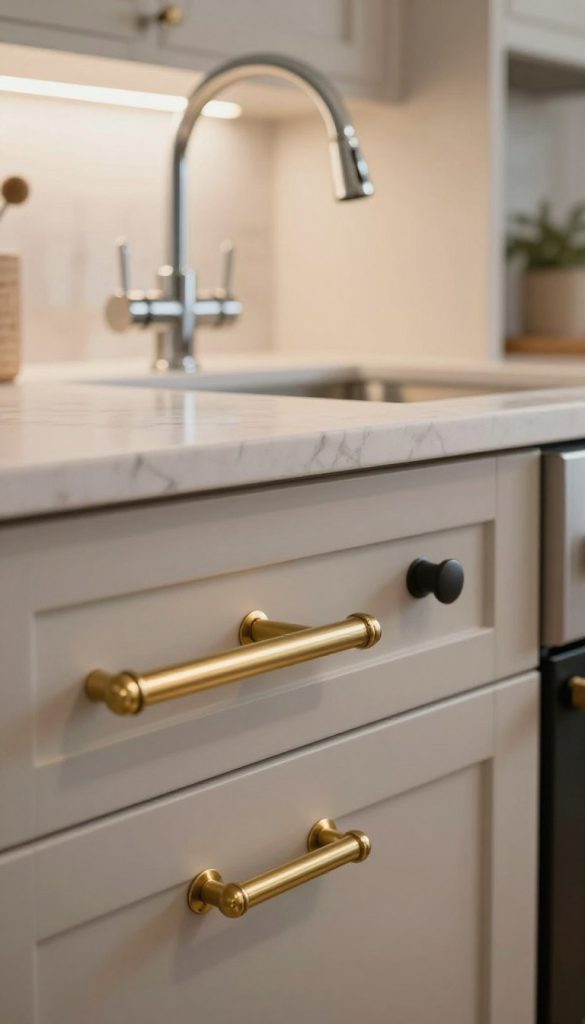 A beautifully arranged kitchen scene showcasing a striking contrast of mixed metal hardware: in the foreground, prominently displayed, are polished brass cabinet handles glistening under soft, warm lighting, juxtaposed with sleek chrome faucets that reflect light brilliantly. In the middle ground, matte black drawer pulls and light fixtures add depth, enhancing the metallic interplay. The background features a subtle, blurred view of a modern kitchen with light-colored cabinetry and a marble countertop, harmonizing with the varied finishes without overwhelming the scene. The atmosphere is inviting and contemporary, presented with a high-angle perspective that captures the elegance of the metal combinations. Use soft, diffused lighting to create a warm and cohesive mood, emphasizing the aesthetic appeal of curated contrasts in metal.