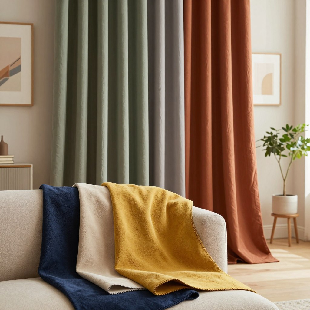A beautifully arranged living room featuring an array of curtains in various coordinating colors. In the foreground, showcase swatches of deep navy, soft beige, and vibrant mustard, folded elegantly on a plush sofa. In the middle, hang curtains draping gracefully in complementary hues like earthy green, muted gray, and warm terracotta, letting natural light filter through and highlighting their textures. The background shows a serene interior with neutral walls adorned with tasteful artwork, a hint of greenery from potted plants, and a cozy atmosphere enhanced by gentle, diffused lighting. Capture the inviting mood of a stylish, well-coordinated living space that inspires creativity and harmony in interior design.