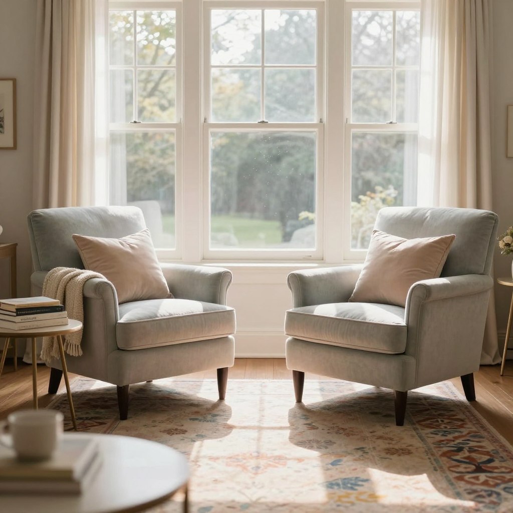 A beautifully arranged living room featuring two stylish armchairs positioned by a large window, allowing natural light to flood the space. The armchairs are upholstered in soft, pastel colors, with plush cushions for comfort. In the foreground, a small side table displays a stack of books and a cozy throw blanket. The middle ground showcases a colorful area rug that adds warmth to the space. The backdrop consists of large windows framed with light, airy curtains, through which foliage from outside can be seen, enhancing the serene atmosphere. Soft, diffused sunlight creates a calming ambiance, highlighting dust particles in the air. The overall mood is inviting and tranquil, perfect for a reading nook where one can bask in natural light.