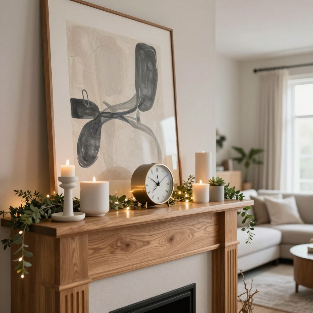 A beautifully arranged living room mantle decorated with elegant designs. The foreground features a polished wooden mantle displaying an assortment of minimalist candle holders, tasteful greenery, and a striking piece of abstract art. In the middle, a statement clock adds a sense of sophistication, while delicate fairy lights softly illuminate the decor, creating a warm ambiance. The background showcases a stylish living room with neutral-toned walls and plush furniture, enhancing the overall elegance of the space. The scene is captured in soft, natural lighting, with a slightly blurred depth of field to emphasize the mantle. The atmosphere is inviting and serene, perfect for showcasing ideas on mantle decor.