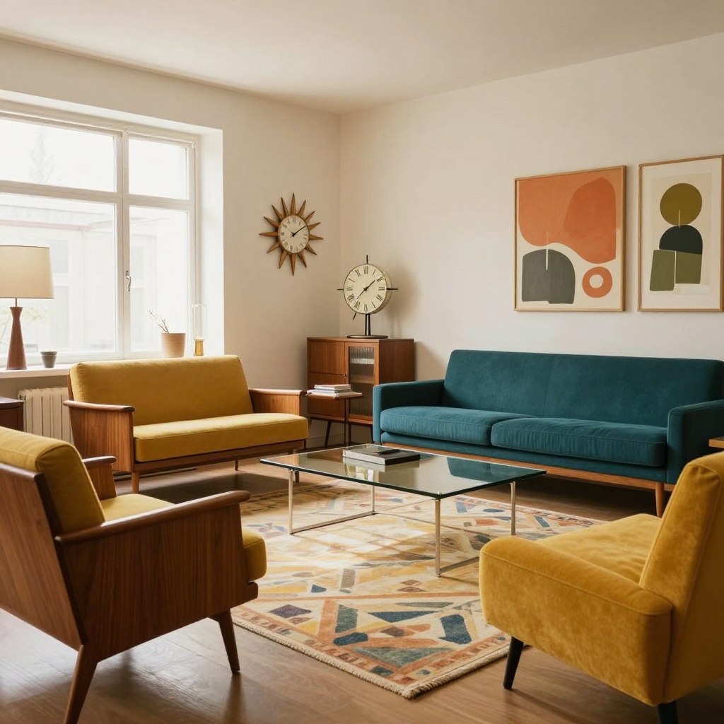 A beautifully arranged mid-century modern living room, showcasing a harmonious color palette characteristic of the era. In the foreground, stylish furniture in warm walnut and bright mustard yellow, complemented by a deep teal sofa. Soft, geometric patterns play on the area rug, with a low-profile coffee table crafted from glass and metal. The middle ground features iconic decor items like a starburst clock and abstract art, using muted orange and olive green tones. In the background, large windows let in ample natural light, casting gentle shadows and enhancing the room's inviting atmosphere. The overall mood is cozy yet sophisticated, evoking a timeless appeal, captured with a warm light setting and a wide-angle lens for depth.