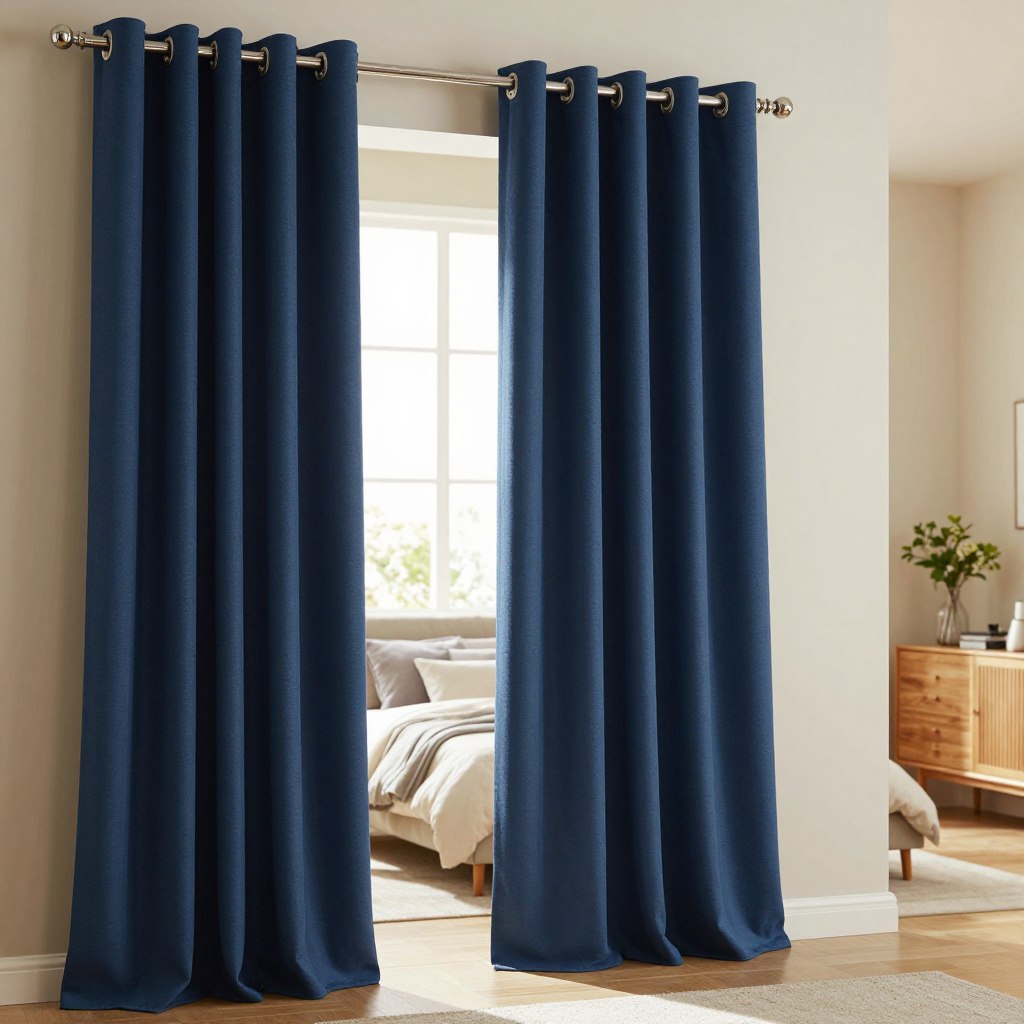 A beautifully arranged room showcasing grommet-top blackout panels in a stylish design. In the foreground, vibrant grommet-top blackout curtains hang elegantly from a sleek curtain rod, featuring a rich navy blue fabric gently cascading to the floor. In the middle, a cozy bed adorned with soft pillows and a light duvet is positioned near a west-facing window, partially obscured by the panels, allowing soft, diffused light to filter through. The background depicts a serene bedroom scene with light earth tones, wooden furniture, and indoor plants, creating a calming atmosphere. The lighting is warm and inviting, highlighting the texture of the fabric without harsh shadows. The image captures a tranquil, peaceful mood, ideal for promoting relaxation in a west-facing bedroom.