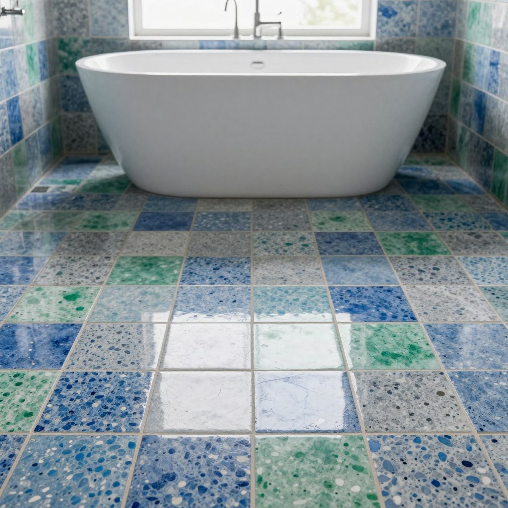 A beautifully arranged scene showcasing a bathroom floor adorned with vibrant speckled tiles in varying shades of blue, green, and gray, reflecting a modern design aesthetic. The foreground features a close-up of the intricate tile patterns, emphasizing the random speckles and textures that create visual interest. In the middle ground, a sleek, freestanding bathtub sits elegantly atop the tiles, highlighting the contrast between the smooth curves of the tub and the dynamic patterns below. The background is softly illuminated by natural light filtering through a frosted window, casting gentle shadows across the space, creating a serene and inviting atmosphere. The overall mood is tranquil and sophisticated, perfect for a contemporary bathroom sanctuary.
