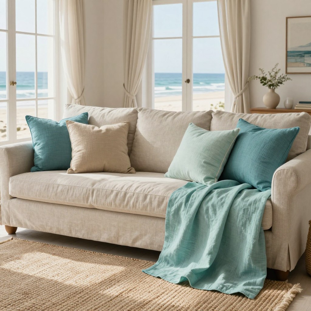 A beautifully arranged selection of seaside-inspired design textiles, featuring soft, layered materials like linen, cotton, and organic chambray. The foreground showcases an inviting, plush couch adorned with an array of ocean-colored cushions—shades of turquoise, sandy beige, and seafoam green. In the middle, a handwoven jute rug complements the textiles and adds warmth to the scene. The background includes a tastefully decorated coastal living room with light, airy curtains gently billowing in a sea breeze, and natural light streaming through large windows, casting soft reflections. The overall atmosphere is serene and relaxing, evoking a cozy beachside retreat, with a harmonious blend of textures and colors that embody the essence of coastal living.