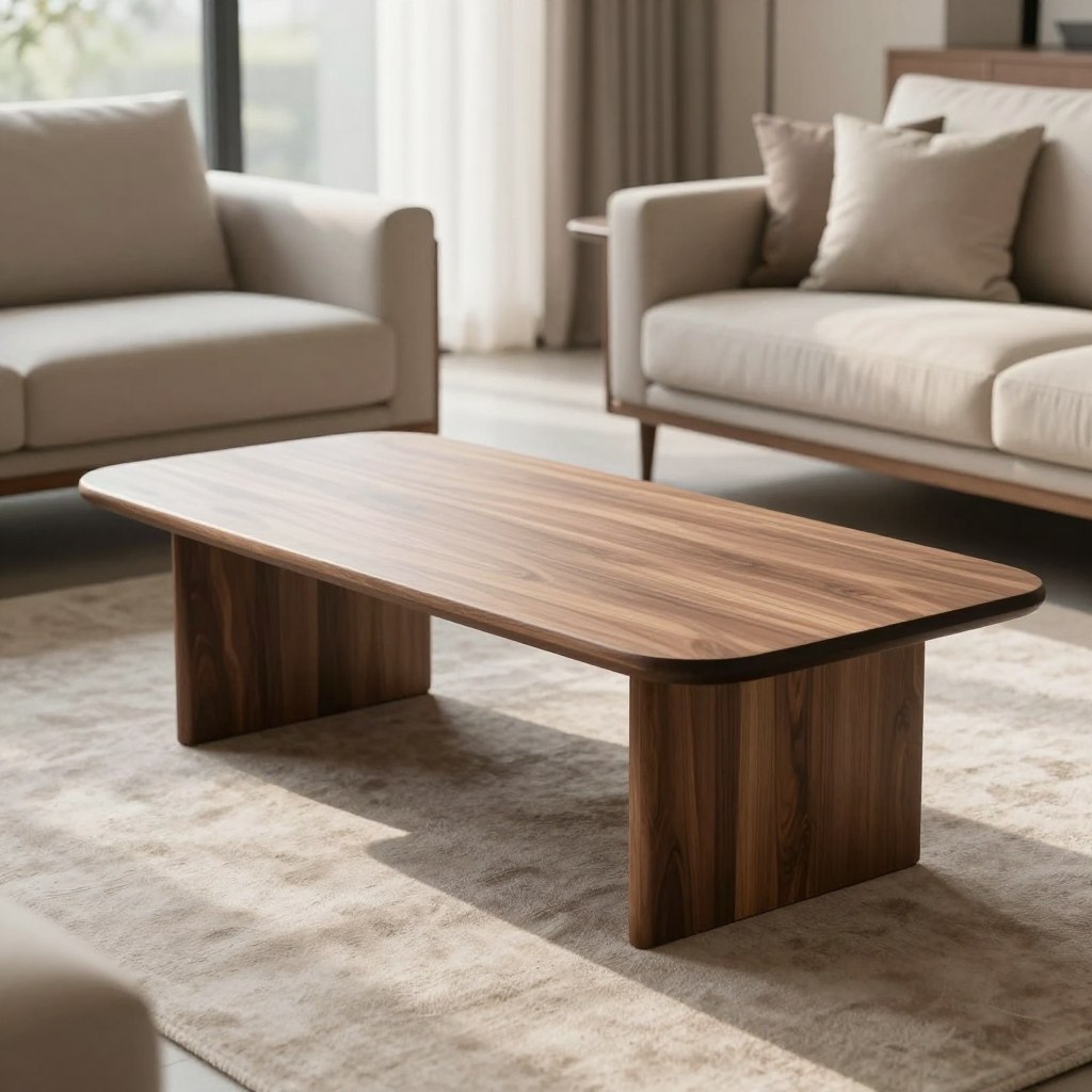 A beautifully crafted Scandinavian-inspired minimalist walnut coffee table takes center stage in a modern, elegantly furnished living room. The table features a smooth, warm walnut surface with clean lines, highlighting its simplicity and sophistication. Soft, diffused morning light filters through large windows, casting gentle shadows that enhance the table's rich wood grain. The background showcases a cozy seating area with plush neutral-toned cushions and a soft area rug, creating a harmonious atmosphere. The angle captures the table from a slightly elevated side view, emphasizing its sleek profile and modern design. The overall mood is serene and inviting, perfect for a luxury living space. No people are present in the scene, ensuring a focus on the coffee table and its surroundings.