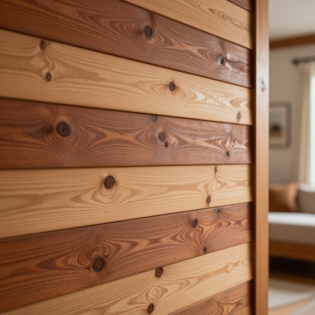 A beautifully crafted cedar shiplap farmhouse wall, featuring warm wood tones and distinctive grain patterns, evokes a cozy atmosphere. In the foreground, the texture of the shiplap panels is clearly visible, showcasing their natural knots and hues ranging from light tan to rich reddish-brown. In the middle ground, a hint of pine wood accents complements the cedar, enhancing the rustic charm. The background can be softly blurred to suggest a warm, inviting room with muted colors, perhaps hinting at minimalist furnishings. Soft, diffused lighting spills across the wall, creating gentle shadows that emphasize the wood's texture. The mood is serene and homey, perfect for a statement bedroom wall design, inviting relaxation and comfort. A beautifully crafted cedar shiplap farmhouse wall, featuring warm wood tones and distinctive grain patterns, evokes a cozy atmosphere. In the foreground, the texture of the shiplap panels is clearly visible, showcasing their natural knots and hues ranging from light tan to rich reddish-brown. In the middle ground, a hint of pine wood accents complements the cedar, enhancing the rustic charm. The background can be softly blurred to suggest a warm, inviting room with muted colors, perhaps hinting at minimalist furnishings. Soft, diffused lighting spills across the wall, creating gentle shadows that emphasize the wood's texture. The mood is serene and homey, perfect for a statement bedroom wall design, inviting relaxation and comfort.