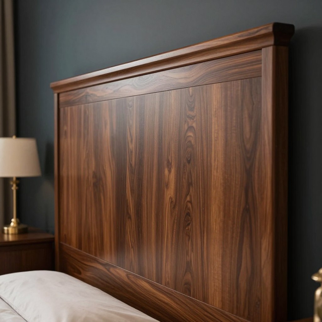 A beautifully crafted dark walnut headboard, featuring rich, warm tones and intricate wood grain patterns, dominates the foreground. The headboard is designed with a modern yet classic touch, showcasing soft curves and a slight bevel. In the middle ground, a tastefully decorated bedroom setting unfolds, with elegant mahogany accents on furniture pieces, enhancing the dramatic contrast with the dark walnut. The background reveals a softly lit wall painted in a deep, bold color, providing a striking backdrop that emphasizes the headboard. Warm, diffused lighting bathes the scene, creating a cozy and inviting atmosphere. The angle captures the headboard from a low perspective, emphasizing its height and presence, while keeping the overall focus on the stunning wood craftsmanship and the elegant room environment. A beautifully crafted dark walnut headboard, featuring rich, warm tones and intricate wood grain patterns, dominates the foreground. The headboard is designed with a modern yet classic touch, showcasing soft curves and a slight bevel. In the middle ground, a tastefully decorated bedroom setting unfolds, with elegant mahogany accents on furniture pieces, enhancing the dramatic contrast with the dark walnut. The background reveals a softly lit wall painted in a deep, bold color, providing a striking backdrop that emphasizes the headboard. Warm, diffused lighting bathes the scene, creating a cozy and inviting atmosphere. The angle captures the headboard from a low perspective, emphasizing its height and presence, while keeping the overall focus on the stunning wood craftsmanship and the elegant room environment.