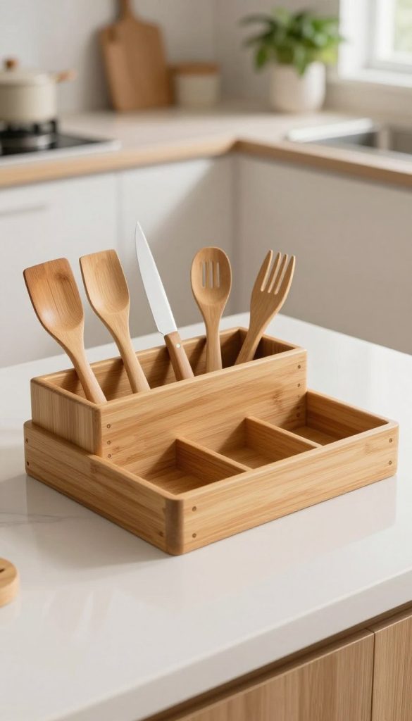 A beautifully crafted expandable bamboo utensil tray positioned on a clean, modern kitchen countertop. The tray, with its natural wood grains and smooth finish, features multiple compartments of varying sizes, showcasing its versatility for organizing kitchen utensils like spatulas, knives, and forks. In the background, softly blurred, are hints of a bright kitchen setting with stylish cabinetry and plants, creating an inviting atmosphere. The warm, natural lighting highlights the textures of the bamboo while casting gentle shadows, evoking a cozy and eco-friendly vibe. The angle captures the tray from a slightly elevated perspective, emphasizing its sleek design, accentuating its functionality and aesthetic appeal. The overall mood is serene, organized, and harmonious, perfect for a tranquil kitchen environment.