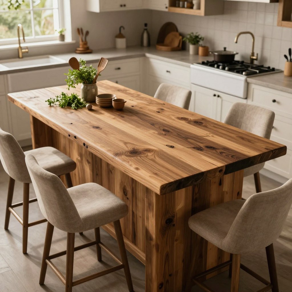 A beautifully crafted kitchen island made from reclaimed wood, showcasing its rich textures and rustic charm. The island features a rough-hewn surface with visible knots and grains, surrounded by elegant bar stools in neutral tones. In the foreground, fresh herbs and cooking utensils add a touch of homeliness. The middle ground highlights the island, emphasizing the unique wood patterns and rustic craftsmanship. Soft, warm lighting illuminates the scene, casting gentle shadows and creating an inviting atmosphere. In the background, a modern farmhouse kitchen with white cabinetry and a farmhouse sink enhances the rustic aesthetic while maintaining a chic and contemporary vibe. The perspective is slightly elevated, providing an expansive view of the island and its surroundings, evoking a sense of warmth and comfort.