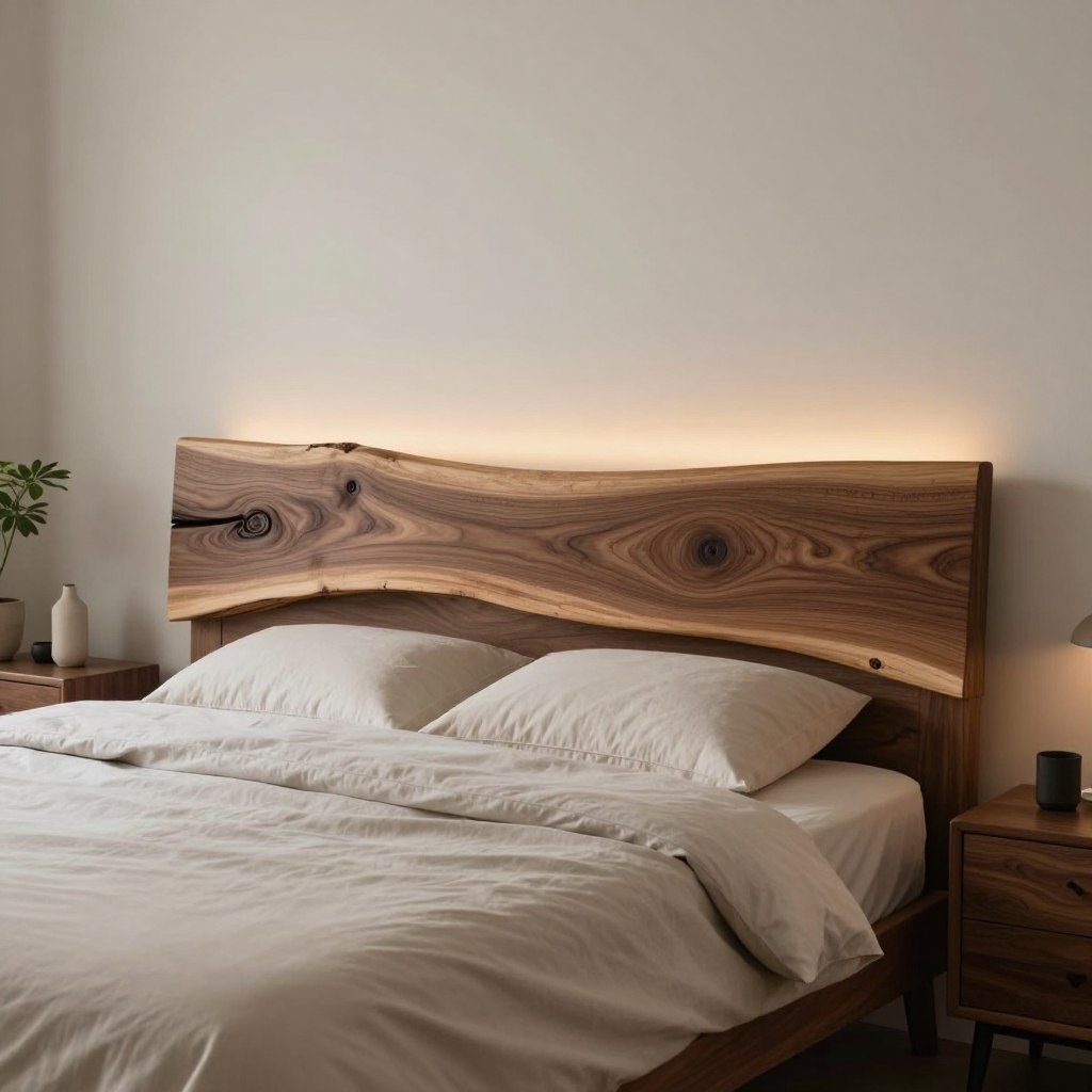 A beautifully crafted live edge wood headboard made from a rich walnut slab showcases its natural grain and knots, creating an organic elegance in a modern bedroom setting. The headboard is softly illuminated by warm, ambient lighting, accentuating the texture and curves of the wood. In the foreground, a plush, inviting bed with tasteful, neutral bedding complements the headboard, while a pair of stylish bedside tables flank either side, topped with minimalistic decor. The background features a softly blurred wall, painted in a calming, muted tone, enhancing the serene atmosphere. A hint of greenery from a nearby potted plant adds a touch of nature, evoking a tranquil and cozy vibe, perfect for rest and relaxation. A beautifully crafted live edge wood headboard made from a rich walnut slab showcases its natural grain and knots, creating an organic elegance in a modern bedroom setting. The headboard is softly illuminated by warm, ambient lighting, accentuating the texture and curves of the wood. In the foreground, a plush, inviting bed with tasteful, neutral bedding complements the headboard, while a pair of stylish bedside tables flank either side, topped with minimalistic decor. The background features a softly blurred wall, painted in a calming, muted tone, enhancing the serene atmosphere. A hint of greenery from a nearby potted plant adds a touch of nature, evoking a tranquil and cozy vibe, perfect for rest and relaxation.