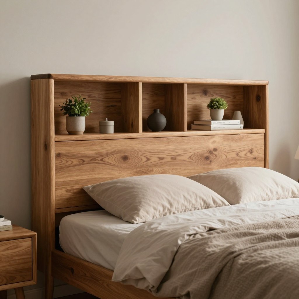 A beautifully crafted natural wood headboard with integrated shelving, showcasing a blend of rustic charm and modern functionality. The headboard is made of rich, textured oak, featuring well-defined grains and a smooth finish. The shelving is seamlessly designed, with various compartments holding minimalist decor items such as small potted plants and books. In the foreground, soft, diffused lighting gently illuminates the headboard, creating warm shadows that emphasize its organic texture. The middle ground highlights a neatly made bed with neutral bedding, seamlessly complementing the headboard's earth tones. The background includes a softly blurred wall with neutral paint, enhancing the overall tranquility of the scene. The atmosphere is serene and inviting, ideal for a restful bedroom setting. A beautifully crafted natural wood headboard with integrated shelving, showcasing a blend of rustic charm and modern functionality. The headboard is made of rich, textured oak, featuring well-defined grains and a smooth finish. The shelving is seamlessly designed, with various compartments holding minimalist decor items such as small potted plants and books. In the foreground, soft, diffused lighting gently illuminates the headboard, creating warm shadows that emphasize its organic texture. The middle ground highlights a neatly made bed with neutral bedding, seamlessly complementing the headboard's earth tones. The background includes a softly blurred wall with neutral paint, enhancing the overall tranquility of the scene. The atmosphere is serene and inviting, ideal for a restful bedroom setting.