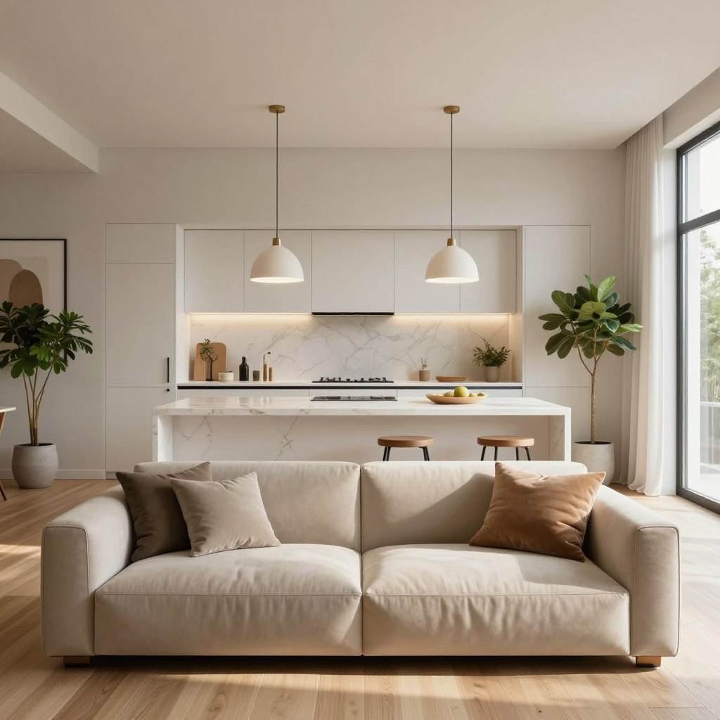A beautifully curated minimalist home interior featuring a luxurious color palette. In the foreground, a sleek, low-profile sofa in soft beige sits on a light wooden floor, adorned with plush cushions in subtle earth tones. The middle ground showcases an open kitchen with white cabinetry, minimalist black hardware, and a crisp marble countertop. Elegant pendant lights cast a gentle, warm glow over the space, enhancing the calm atmosphere. The background reveals a large window allowing natural light to cascade in, highlighting the interplay of light and shadow. Decor elements include a few carefully chosen plants in simple pots and abstract art on the walls, creating a serene, sophisticated ambiance. The overall mood is inviting and tranquil, perfect for modern luxury living.