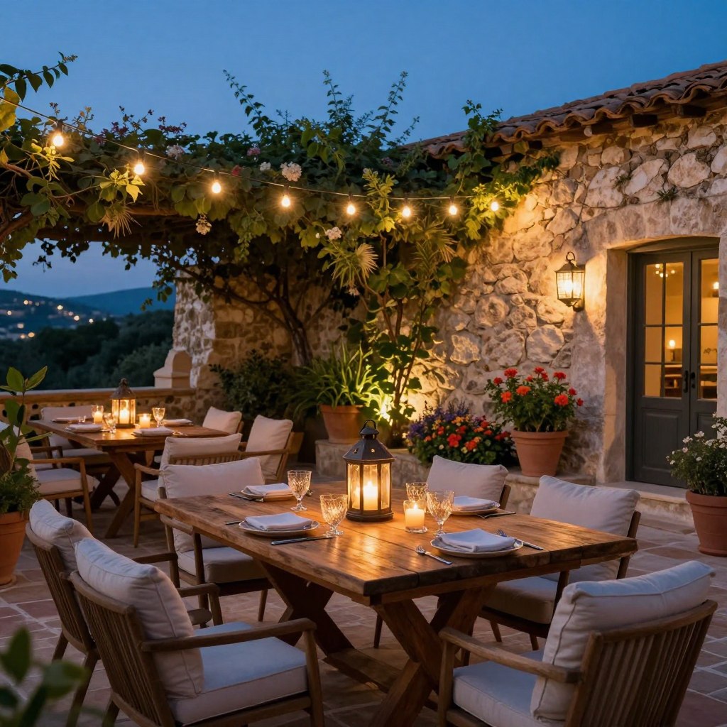 A beautifully designed Mediterranean terrace at dusk, featuring elegant lighting solutions that enhance the serene atmosphere. In the foreground, a rustic wooden dining table set with soft, glowing lanterns and flickering candles, surrounded by comfortable, upholstered chairs. The middle ground showcases lush potted plants, fragrant herbs, and vibrant flowers, delicately illuminated by subtle string lights overhead. The background features an old stone wall partially covered with climbing vines, under a soft blue sky transitioning to a deep twilight. The scene captures the warm, inviting glow of the lights, creating an intimate setting that radiates relaxation and charm. The overall mood is tranquil and romantic, suggesting a perfect evening for dining under the stars.