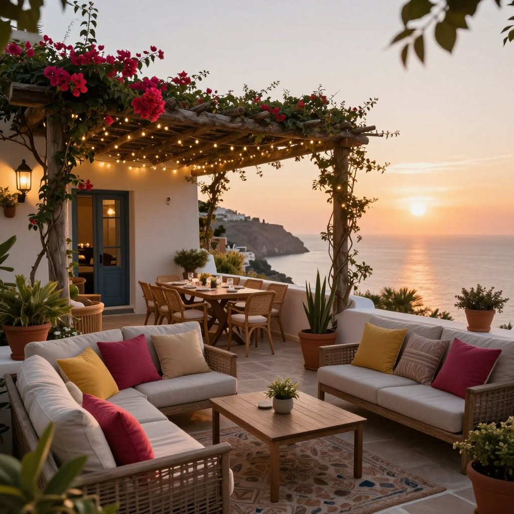 A beautifully designed Mediterranean terrace scene that showcases both small and large space ideas. In the foreground, a cozy seating area with comfortable, stylish furniture featuring neutral tones and vibrant throw pillows. Potted plants and flowering bougainvillea create a lush, inviting atmosphere. The middle ground features a dining table set beneath a rustic pergola draped with twinkling fairy lights, surrounded by climbing vines. In the background, a panoramic view of the sun-soaked coastline can be seen, with a radiant sunset casting warm golden hues across the scene. The lighting should be soft and warm, evoking a tranquil evening ambiance. Capture this delightful moment from a slightly elevated angle to emphasize the terrace layout and ocean view, creating a serene and inviting vacation-like atmosphere.