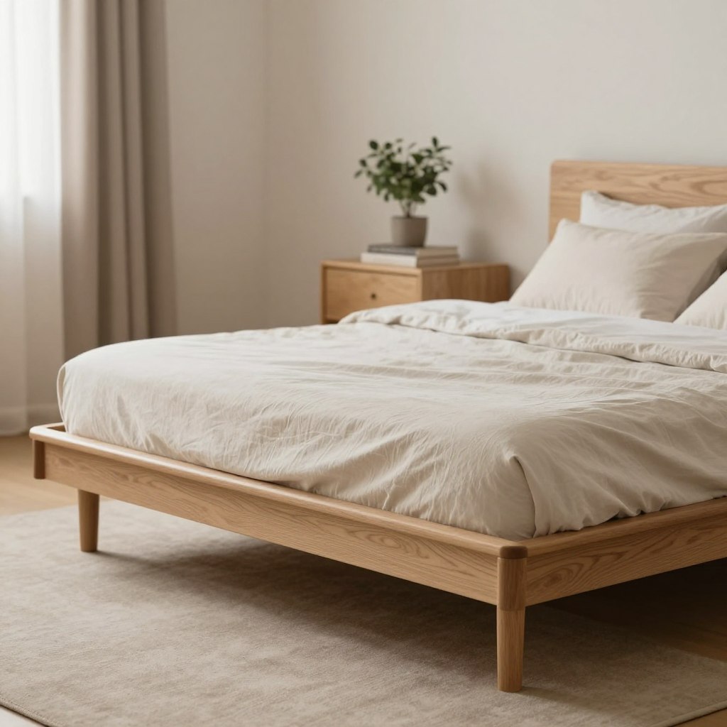 A beautifully designed Scandinavian oak platform bed sits prominently in the foreground, showcasing its sleek lines and minimalist aesthetic. The bed features angled legs that elevate its modern, airy appearance, crafted from light oak wood with a natural finish highlighting the grain. The bedding is styled in neutral tones, with a soft, textured duvet and matching pillows, enhancing the inviting yet simplistic look. In the middle background, a soft-focus, minimalist bedroom environment is depicted with a small nightstand and a potted plant, adding a touch of greenery. The lighting is warm and diffused, creating a cozy atmosphere, while the angle of the shot emphasizes the bed’s unique design. The scene is tranquil and serene, embodying the essence of Scandinavian minimalism. A beautifully designed Scandinavian oak platform bed sits prominently in the foreground, showcasing its sleek lines and minimalist aesthetic. The bed features angled legs that elevate its modern, airy appearance, crafted from light oak wood with a natural finish highlighting the grain. The bedding is styled in neutral tones, with a soft, textured duvet and matching pillows, enhancing the inviting yet simplistic look. In the middle background, a soft-focus, minimalist bedroom environment is depicted with a small nightstand and a potted plant, adding a touch of greenery. The lighting is warm and diffused, creating a cozy atmosphere, while the angle of the shot emphasizes the bed’s unique design. The scene is tranquil and serene, embodying the essence of Scandinavian minimalism.