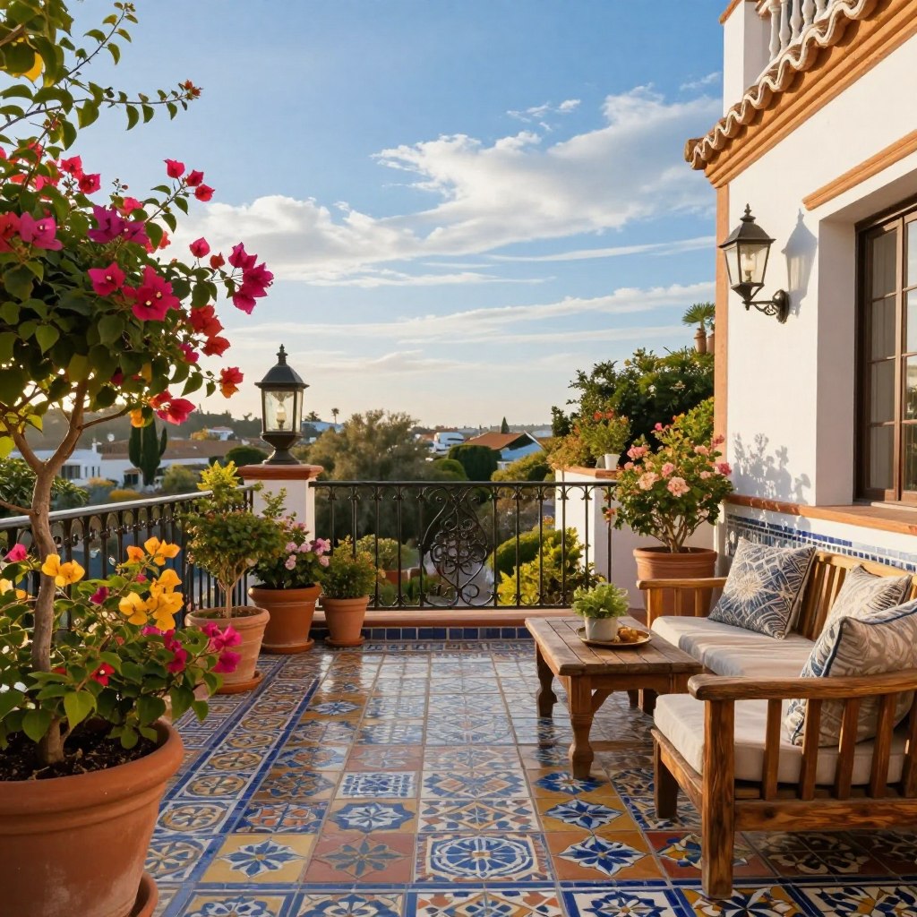 A beautifully designed Spanish-style terrace showcasing vibrant, tiled flooring adorned with intricate mosaic patterns. The foreground features lush potted plants with colorful flowering bougainvillea, complemented by rustic wooden furniture and textured cushions. In the middle, an elegant wrought iron railing overlooks the stunning view of a sunlit courtyard, with terracotta pots and traditional Spanish lanterns adding warmth. The background reveals a bright blue sky with wispy clouds, enhancing the idyllic atmosphere. The composition is bathed in soft, golden afternoon light, creating a serene and inviting ambiance. The scene invites viewers to imagine relaxing in this charming, Mediterranean-inspired space, surrounded by the beauty of Spanish architectural elements and decorative details.