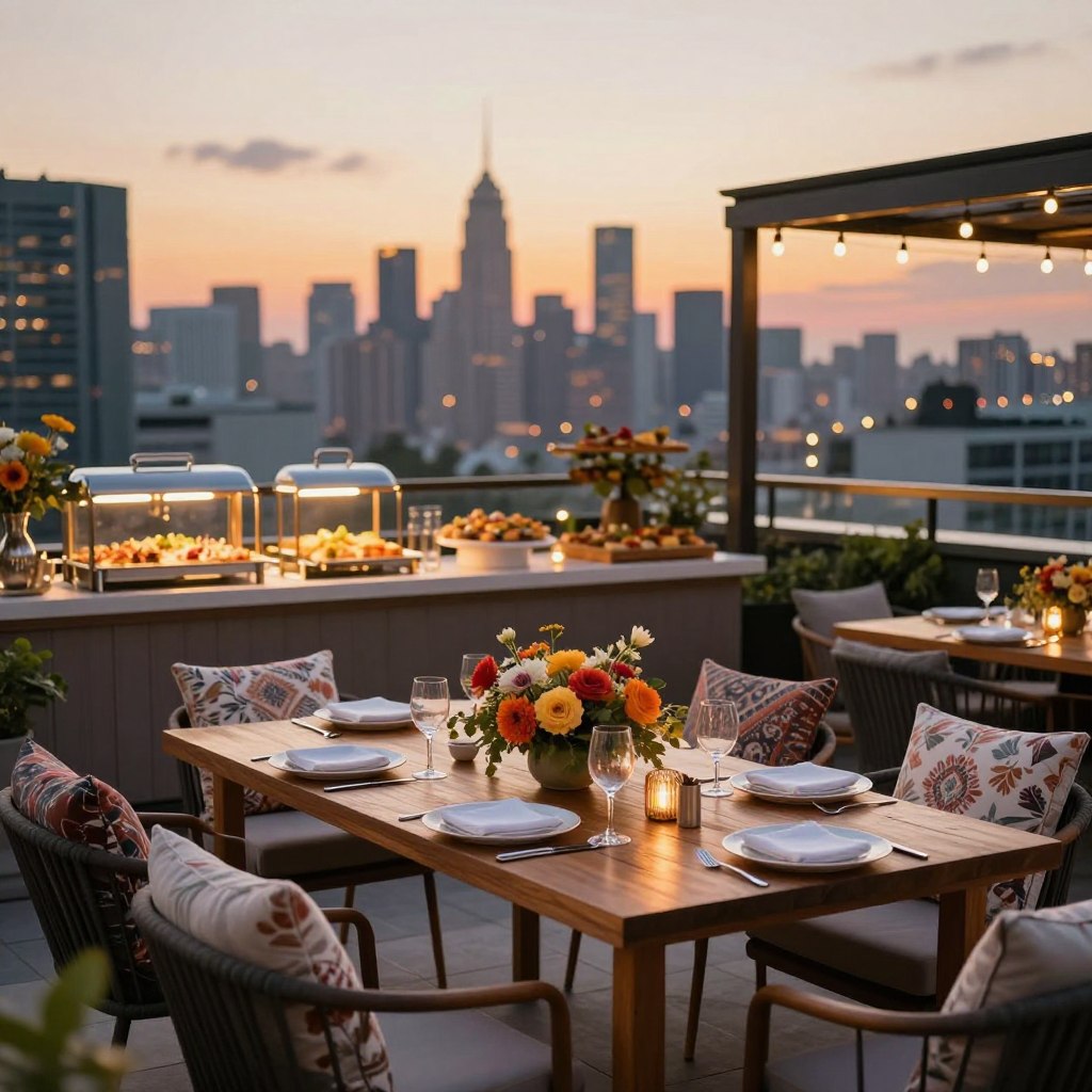 A beautifully designed alfresco dining space on a rooftop terrace, featuring an elegantly set wooden table adorned with fine dinnerware and vibrant floral centerpieces. In the foreground, plush chairs with decorative cushions invite guests to relax. The middle ground showcases a stylish buffet table filled with gourmet dishes and drinks, accompanied by ambient string lights that create a warm, inviting glow. In the background, the skyline of a bustling city sparkles under a sunset sky, casting a soft, golden light across the scene. Focused with a slight depth of field, the atmosphere is vibrant and festive, evoking a sense of excitement and elegant entertainment. The image captures a sophisticated yet cozy outdoor dining experience, perfect for gatherings.