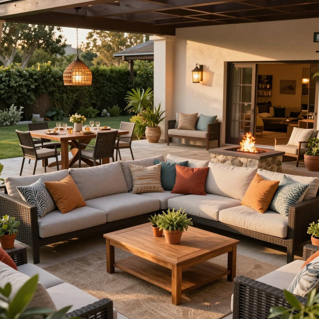 A beautifully designed all-in-one outdoor family room layout, featuring a spacious covered patio with comfortable furniture, including a large sectional sofa adorned with colorful cushions. In the foreground, a large wooden coffee table sits surrounded by potted plants for a homely touch. The middle ground reveals an outdoor dining table set for family meals, with stylish lanterns illuminating the scene. In the background, a cozy fire pit with seating provides warmth and ambiance during evening gatherings. The setting is bathed in warm, golden sunlight, creating a relaxed and inviting atmosphere. Capture this layout from a slightly elevated angle, showcasing the harmonized blend of indoor comfort and outdoor beauty. The mood is family-friendly and tranquil, perfect for modern outdoor living.