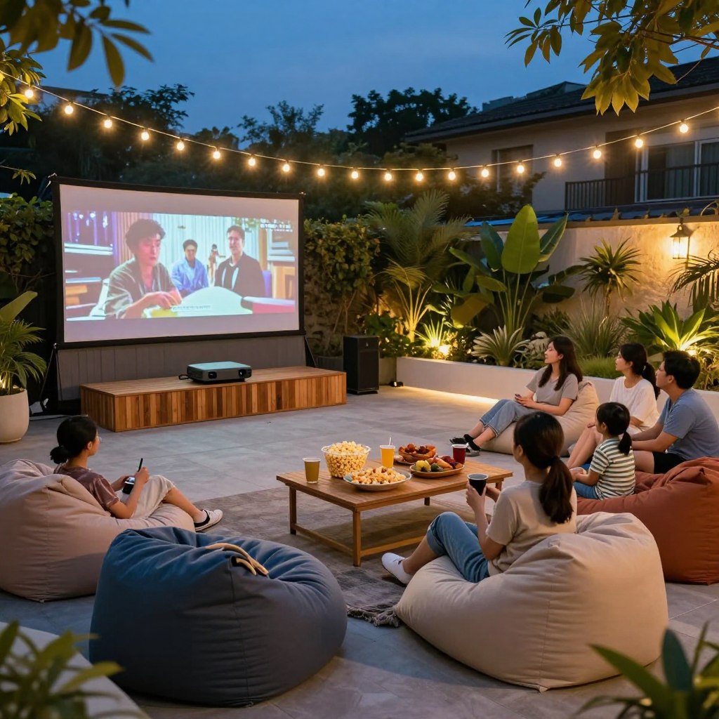 A beautifully designed backyard entertainment area showcasing an outdoor theater and game night arena. In the foreground, a cozy seating arrangement with plush, comfortable bean bags and blankets, lit by warm string lights overhead. The middle features a large outdoor screen displaying a classic movie, with a projector setup on a stylish wooden stand. Guests in casual attire enjoy snacks from a nearby refreshment table adorned with popcorn and drinks. In the background, lush greenery and decorative plants create a serene vibe, complementing twilight skies. Soft, ambient lighting enhances the inviting atmosphere. Capture this scene from a slightly elevated angle to depict the vibrancy of an enjoyable family gathering under the stars.
