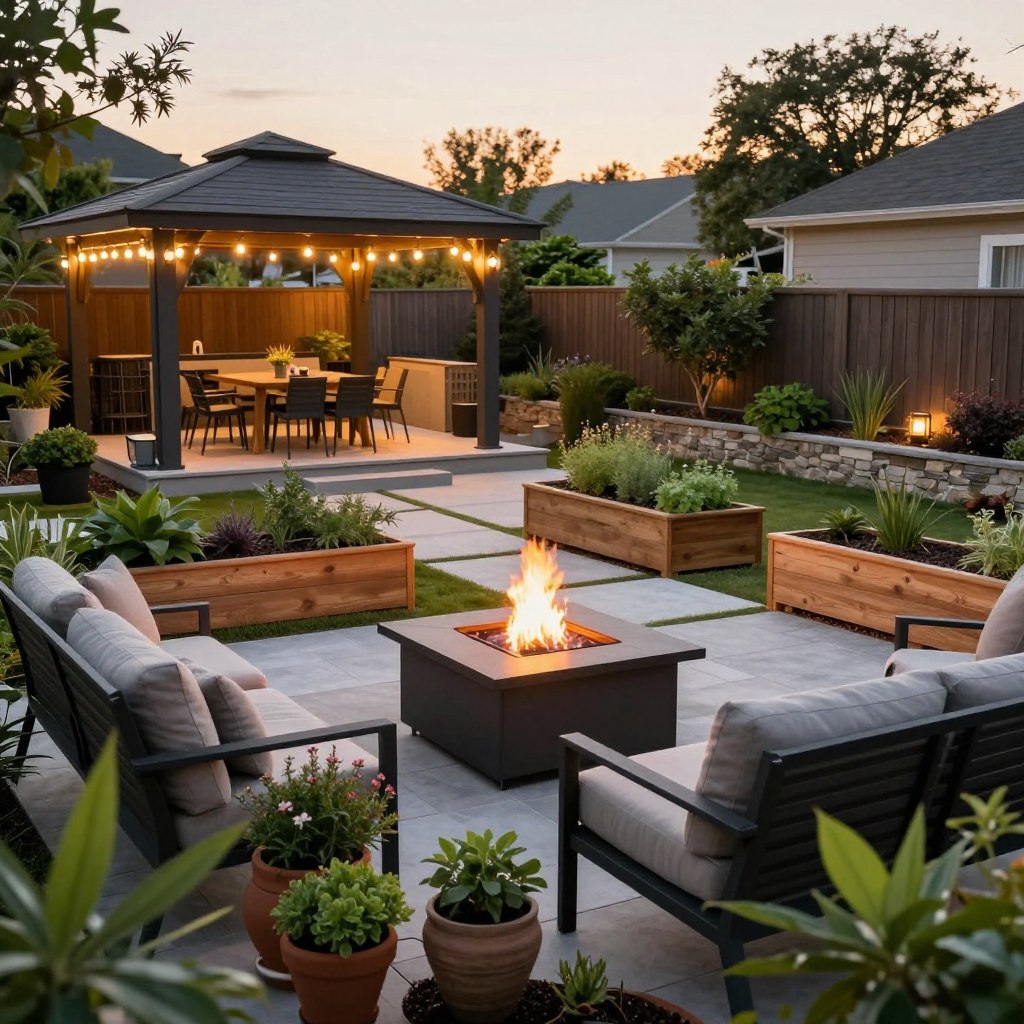 A beautifully designed backyard space emphasizing functional outdoor living. In the foreground, a cozy seating area with modern, weather-resistant furniture, surrounded by lush greenery and decorative potted plants. In the middle, a stylish fire pit serves as a focal point, with a pathway leading to a small herb garden, complete with raised wooden planters. The background showcases a contemporary gazebo adorned with fairy lights, casting a warm glow. Soft, natural lighting at sunset enhances the inviting atmosphere, with a wide-angle perspective capturing the entire layout. The overall mood is peaceful and family-friendly, ideal for gatherings and relaxation, reflecting a modern and practical approach to backyard design.