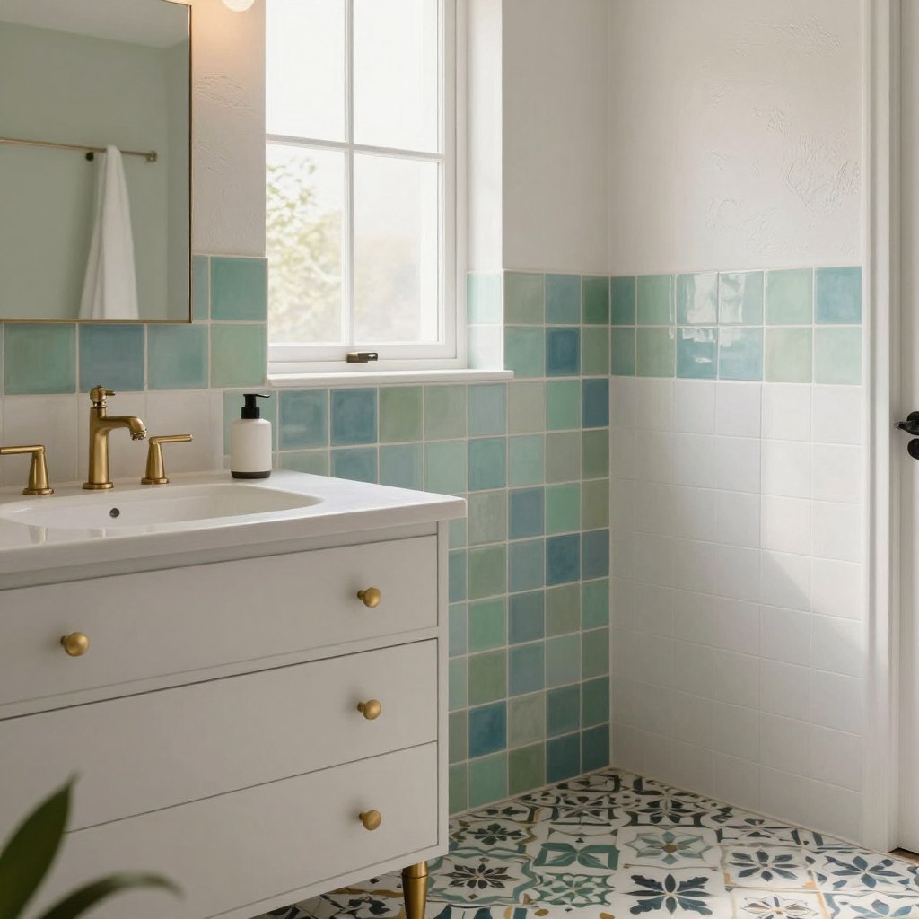 A beautifully designed bathroom featuring a harmonious blend of color schemes that accentuate white tiles. In the foreground, there’s an elegant vanity with stylish hardware and sleek fixtures, showcasing a mix of brushed gold and matte black accents. The middle section highlights a soothing palette of soft greens and blues, with colorful tiled backsplashes creating a vibrant focal point. In the background, natural light streams through a frosted window, illuminating the textured wall finishes and intricately patterned floor tiles. The atmosphere is serene and inviting, perfect for relaxation and inspiration. The scene is captured from a slightly elevated angle to showcase the layout, with a warm, soft focus to emphasize the tranquil mood. No text or branding is present, focusing solely on the design elements. A beautifully designed bathroom featuring a harmonious blend of color schemes that accentuate white tiles. In the foreground, there’s an elegant vanity with stylish hardware and sleek fixtures, showcasing a mix of brushed gold and matte black accents. The middle section highlights a soothing palette of soft greens and blues, with colorful tiled backsplashes creating a vibrant focal point. In the background, natural light streams through a frosted window, illuminating the textured wall finishes and intricately patterned floor tiles. The atmosphere is serene and inviting, perfect for relaxation and inspiration. The scene is captured from a slightly elevated angle to showcase the layout, with a warm, soft focus to emphasize the tranquil mood. No text or branding is present, focusing solely on the design elements.