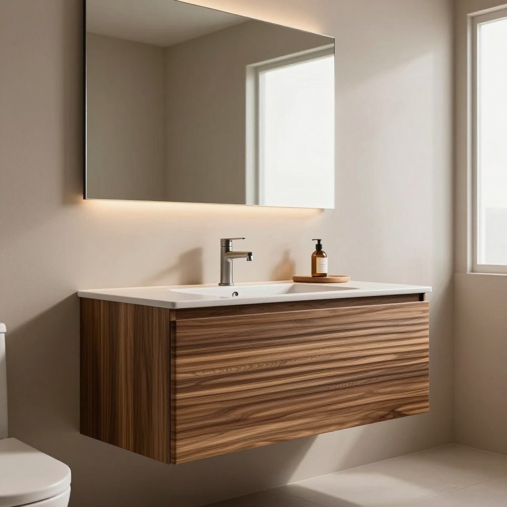 A beautifully designed bathroom featuring a horizontal ribbed walnut floating vanity, showcasing rich texture and warm wood tones. The vanity is elegantly mounted on a soft, neutral-toned wall, highlighting the contrasting ribbed surface. In the foreground, the sophisticated vanity is complemented by a sleek, modern sink and minimalist hardware. The middle ground captures a large mirror reflecting gentle ambient lighting, enhancing the cozy atmosphere. In the background, the walls are adorned with subtle ribbed patterns, creating a cohesive design element. Soft, diffused lighting streams through a frosted window, casting soft shadows and adding to the serene ambiance of the space. The overall mood is tranquil and inviting, perfect for relaxation.