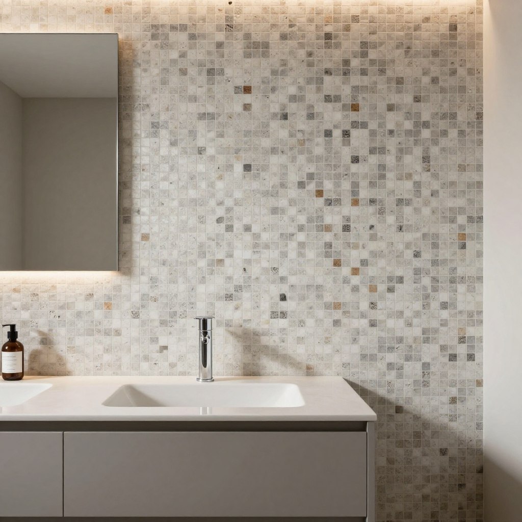 A beautifully designed bathroom featuring a speckled tile accent wall behind a sleek modern vanity. The wall showcases a mosaic of neutral tones, including soft grays, whites, and hints of earthy colors, creating an inviting yet contemporary look. The vanity itself is minimalist, with a polished countertop and clean lines, reflecting a chic aesthetic. Soft, warm lighting illuminates the scene, casting gentle shadows that enhance the texture of the tiles. The camera angle is slightly elevated, capturing the wall as a focal point while showcasing the vanity in the foreground. The atmosphere feels tranquil and stylish, perfect for a luxurious bathroom retreat. No human subjects are present, emphasizing the design elements.