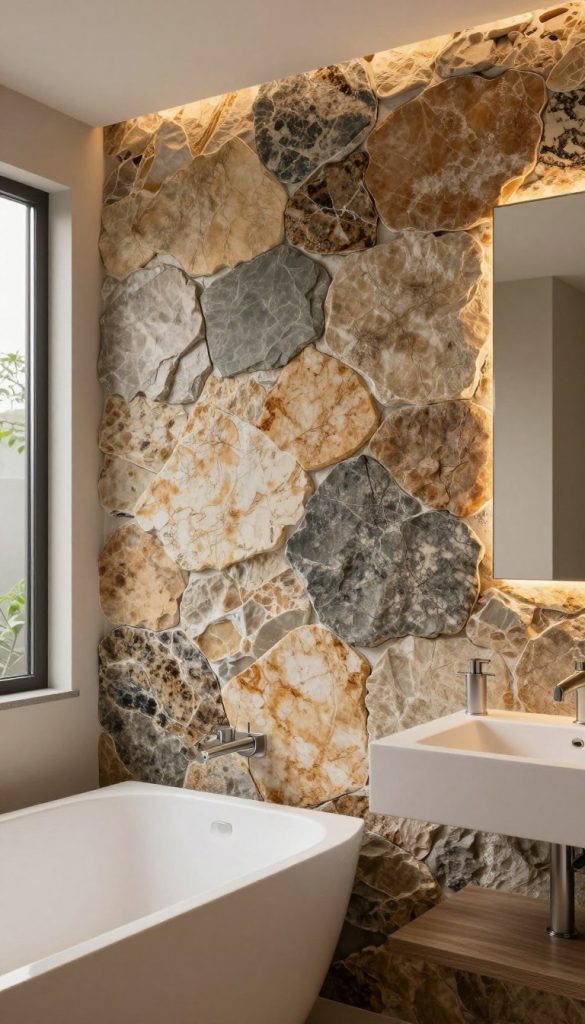 A beautifully designed bathroom featuring a stunning natural stone feature wall that showcases a variety of textured stones in warm earth tones, including slate, travertine, and granite. The wall serves as a striking backdrop, harmonizing with elegant fixtures and a modern sink. In the foreground, a sleek, minimalist bathtub adds a touch of luxury. The middle ground reveals soft, ambient lighting, enhancing the stone's natural hues and creating a warm atmosphere. In the background, subtle greenery peeks through a frosted window, bringing a hint of nature indoors. The angle is slightly elevated, highlighting the depth and dimensions of the stone wall while emphasizing the serene and sophisticated mood of the bathroom space. The overall image is well-composed, with a focus on tranquility and elegance, ideal for inspiring interior design ideas.