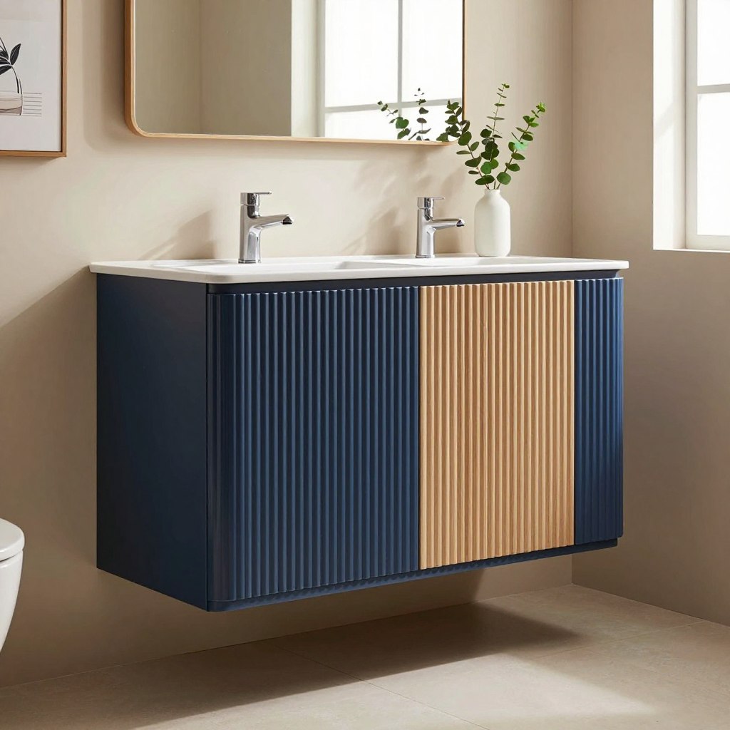 A beautifully designed bathroom featuring a two-tone ribbed vanity in navy blue and natural oak. The vanity has prominent ribbed textures that add depth and sophistication. The background showcases warm, neutral-toned walls that complement the vanity, adorned with minimalistic decor elements like framed art and greenery to enhance the atmosphere. Soft, natural light filters in through a frosted window, creating a calming and serene ambiance. The angle captures the full height of the vanity, emphasizing its ribbed design while maintaining a clean and modern aesthetic. The floor is a light-colored tile that harmonizes with the overall color scheme. This inviting bathroom scene reflects elegance and style, perfect for showcasing innovative ribbed decor concepts.
