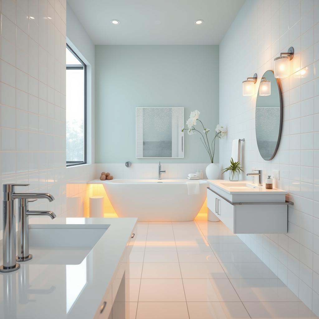 A beautifully designed bathroom featuring bright white tiles that reflect soft, ambient lighting. In the foreground, sleek bathroom fixtures and elegant accessories complement the white tiles. The middle ground showcases a well-lit vanity area with strategically placed warm LED lights, enhancing the subtle hues of the pastel-colored wall paint, like calming light blues and greens. In the background, a frosted glass window allows natural light to softly filter in, creating a serene and inviting atmosphere. The image should capture a sense of tranquility and modern elegance, emphasizing the interplay of lighting and color to elevate the bathroom's overall aesthetic. Utilize a wide-angle lens to create a spacious feel, ensuring the focus remains on the interaction between the lighting and wall colors. A beautifully designed bathroom featuring bright white tiles that reflect soft, ambient lighting. In the foreground, sleek bathroom fixtures and elegant accessories complement the white tiles. The middle ground showcases a well-lit vanity area with strategically placed warm LED lights, enhancing the subtle hues of the pastel-colored wall paint, like calming light blues and greens. In the background, a frosted glass window allows natural light to softly filter in, creating a serene and inviting atmosphere. The image should capture a sense of tranquility and modern elegance, emphasizing the interplay of lighting and color to elevate the bathroom's overall aesthetic. Utilize a wide-angle lens to create a spacious feel, ensuring the focus remains on the interaction between the lighting and wall colors.