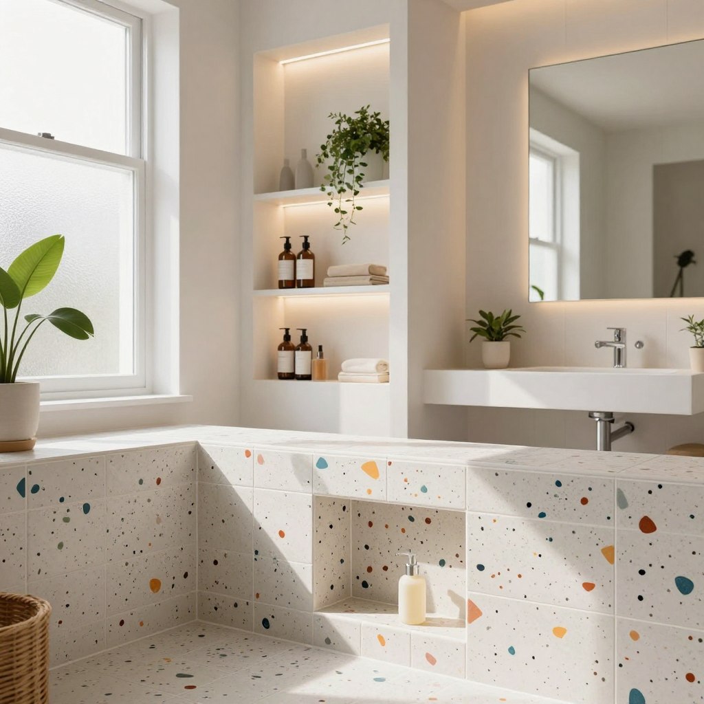 A beautifully designed bathroom featuring elegant speckled tile niches and built-in shelving, showcasing a variety of textures and patterns in the tiles. The foreground highlights a close-up of the niches with vibrant, colorful speckles that create a lively and inviting atmosphere. The middle area showcases well-organized shelving stocked with neatly arranged bath essentials, plants, and decorative items enhanced by soft, warm lighting that casts gentle shadows, adding depth to the scene. The background reveals a stylish, minimalist bathroom with gleaming fixtures and a large mirror, creating a serene ambiance. The overall mood is fresh, modern, and inviting, with natural light streaming in through a frosted window, enhancing the colors of the tiles while ensuring clarity and warmth.