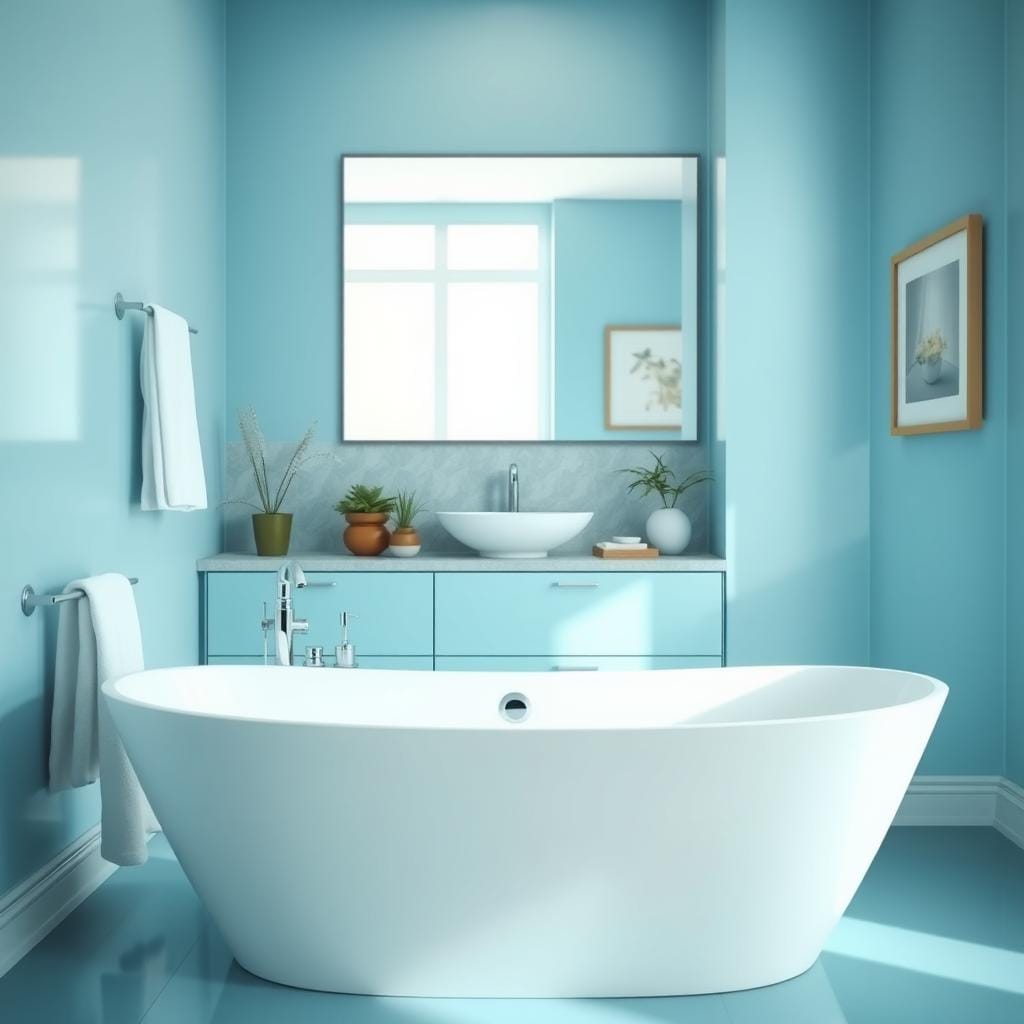 A beautifully designed bathroom featuring light reflective aqua blue paint on the walls, creating a serene and inviting atmosphere. In the foreground, a sleek white freestanding bathtub adorned with elegant bath accessories, reflecting the soft blue tones. The middle section showcases a large, well-lit mirror above a contemporary sink, with natural light subtly illuminating the aqua hues and enhancing their reflective quality. The background includes minimalist decor, such as potted plants and tasteful wall art that harmonize with the overall color scheme. The scene is captured with a soft-focus lens effect, emphasizing tranquility and elegance. The lighting is bright yet gentle, evoking a fresh and rejuvenating mood perfect for a windowless space.