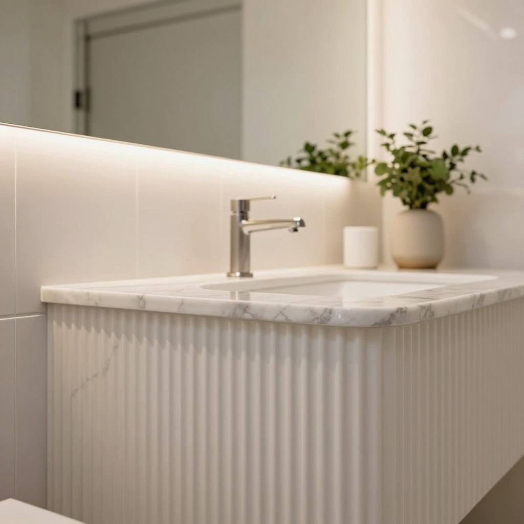 A beautifully designed bathroom featuring ribbed decor, showcasing a striking ribbed vanity with a sleek marble top and elegant faucets. The foreground highlights the texture of the ribbed surface, with soft, warm white lighting illuminating the grains and shadows. The middle layer showcases ribbed wall panels in a complementary color, enhancing the modern aesthetic of the space. Subtle greenery in the form of potted plants adds a touch of freshness. In the background, a large, frameless mirror reflects the decor, creating an open feel. The overall atmosphere is serene and inviting, emphasizing the rising trend of ribbed design, with a focus on contemporary elegance and style.