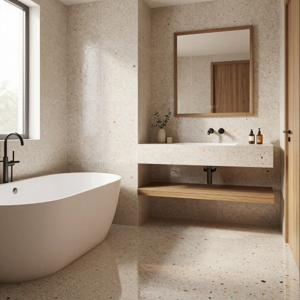 A beautifully designed bathroom featuring speckled tiles, showcasing a harmonious interplay of soft earth tones and vibrant specks. In the foreground, a sleek freestanding bathtub is complemented by minimalistic wooden accents. The middle of the scene focuses on the unique patterns of the speckled tiles, both on the walls and the floor, reflecting a blend of sophistication and creativity. The background reveals an elegantly framed mirror above a stylish floating vanity. Soft, natural lighting filters in through a frosted window, creating a warm, inviting atmosphere. The tiles, glistening slightly with moisture, evoke a sense of freshness, making the space feel both tranquil and modern. The angle captures the entire layout, emphasizing the beautiful texture and design of the bathroom.