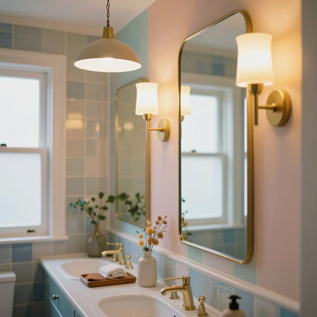 A beautifully designed bathroom featuring vibrant, bright paint colors that reflect current trends. In the foreground, showcase elegant light fixtures, such as a sleek, modern pendant lamp and wall sconces that emit warm, layered lighting, illuminating the space effectively. The middle of the scene should display an inviting vanity area with a colorful painted backsplash, adorned with stylish accessories and a large mirror that enhances the light. In the background, include tasteful tile work and a frosted window to suggest a bright atmosphere despite the lack of natural light. The overall mood is uplifting and dynamic, creating a sense of comfort and elegance. Capture this scene with a soft-focus lens and a slightly elevated angle to emphasize the beauty of the lighting and color coordination.