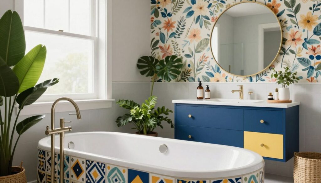 A beautifully designed bathroom showcasing a modern makeover with vibrant colors and intricate patterns. In the foreground, a stylish large bathtub adorned with colorful tiles featuring geometric patterns, surrounded by lush green plants for a touch of nature. The middle ground displays a chic vanity with a bold color scheme, incorporating rich blues and soft yellows, with a large round mirror above. The background features a striking accent wall decorated with floral wallpaper, creating a lively ambiance. Soft, natural light filters in through a frosted window, illuminating the space and enhancing the vibrant hues. The overall mood is inviting and refreshing, reflecting a trendy yet affordable aesthetic for modern bathrooms. Set at eye level to capture the full essence of the design. A beautifully designed bathroom showcasing a modern makeover with vibrant colors and intricate patterns. In the foreground, a stylish large bathtub adorned with colorful tiles featuring geometric patterns, surrounded by lush green plants for a touch of nature. The middle ground displays a chic vanity with a bold color scheme, incorporating rich blues and soft yellows, with a large round mirror above. The background features a striking accent wall decorated with floral wallpaper, creating a lively ambiance. Soft, natural light filters in through a frosted window, illuminating the space and enhancing the vibrant hues. The overall mood is inviting and refreshing, reflecting a trendy yet affordable aesthetic for modern bathrooms. Set at eye level to capture the full essence of the design.
