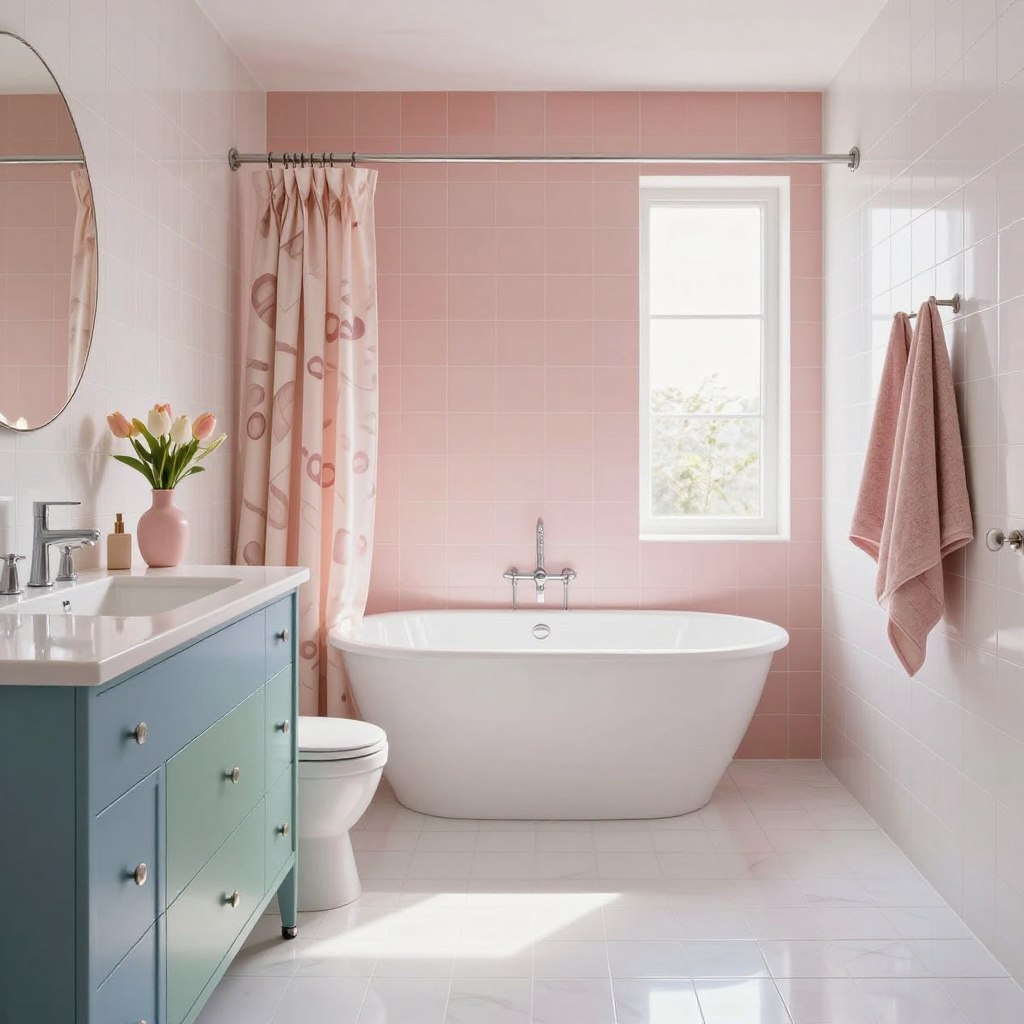 A beautifully designed bathroom showcasing a variety of stunning color ideas that complement white tiles. In the foreground, a modern vanity with sleek, colorful cabinets in shades of soft blue and sage green. The middle section features a sparkling freestanding bathtub surrounded by elegant pastel pink and muted terracotta walls, expertly blending luxury and comfort. The background reveals a spacious window allowing warm, natural light to flood in, highlighting the subtle textures of a whimsical patterned shower curtain and plush towels in harmonious tones. The scene is bright and inviting, exuding a serene atmosphere, with subtle reflections on the tiled floor adding depth to the image. Capture this in a wide-angle shot, emphasizing the interplay of colors and the freshness of the space.