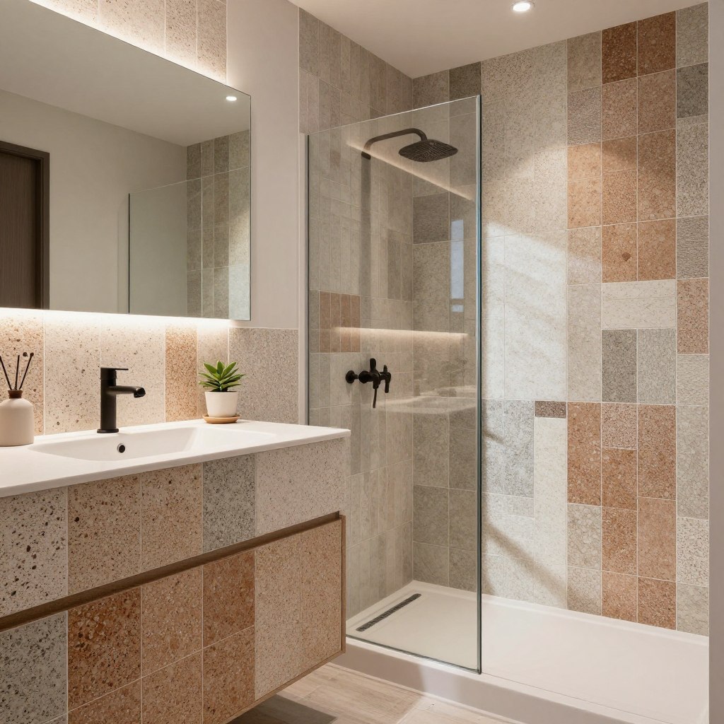 A beautifully designed bathroom showcasing innovative uses of speckled tiles in a cohesive and artistic manner. In the foreground, unique tile patterns form a stylish backsplash behind a modern sink, featuring earth-toned, speckled tiles that blend harmoniously. The middle section includes a creatively tiled shower area, with a mix of large and small rectangular tiles, creating a dynamic visual flow. The background features a large mirror reflecting natural light, enhancing the serene atmosphere. Ambient lighting casts soft shadows, adding warmth to the space. The overall mood is tranquil and inviting, showcasing the versatility and elegance of speckled tiles in bathroom design. The scene is captured with a wide-angle lens to emphasize the contrasting textures and colors, ensuring a vivid, compelling visual representation.