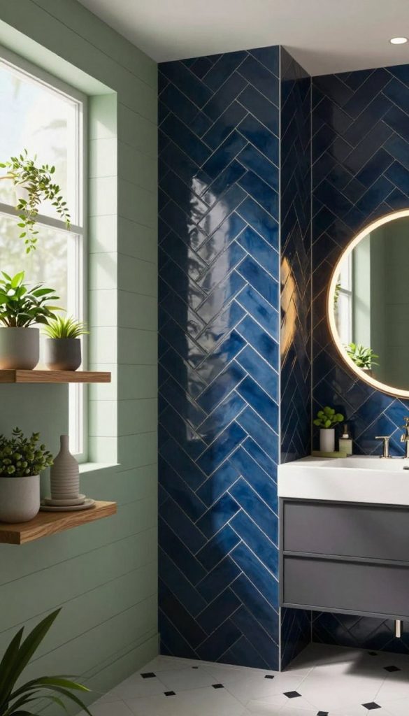 A beautifully designed bathroom showcasing various accent wall ideas. In the foreground, a stunning shiplap wall painted in a soft, muted green, adorned with tasteful wooden shelves displaying elegant potted plants and stylish decor. In the middle, a striking herringbone-patterned tile wall in deep navy blue with gold accents, creating a captivating focal point. Soft, natural lighting filters through a frosted window, casting gentle shadows across the room. In the background, a sleek modern vanity with a round mirror reflects a warm ambiance. The overall mood is serene and sophisticated, capturing the essence of elevated design and tranquility in a bathroom setting. The angle is slightly tilted to emphasize the unique features of each wall without human presence.
