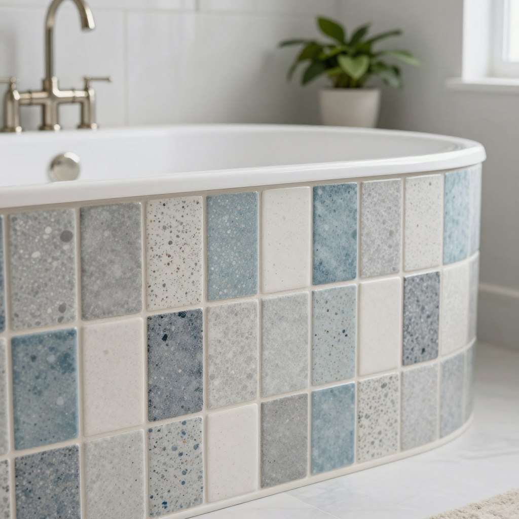 A beautifully designed bathtub surround featuring an array of speckled tiles in a harmonious blend of soft blues, grays, and whites. The foreground captures the chic and modern tub, with intricate tile patterns showcasing varying speckle sizes and colors, creating visual interest. In the middle ground, the elegant fixtures glisten under soft, diffused natural lighting that emphasizes the textures of the tiles. The background includes a serene bathroom setting with subtle greenery peeking from a well-placed potted plant, enhancing the tranquility of the space. The overall mood is one of sophistication and calm, inviting viewers to imagine a revitalized bathroom retreat. The perspective is slightly angled to highlight the depth and beauty of the tile design while maintaining a crisp focus on the bathtub surround.
