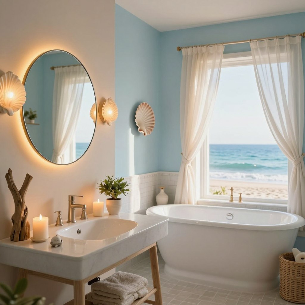 A beautifully designed beach bathroom featuring coastal-themed lighting accents. In the foreground, a stylish vanity with a round mirror surrounded by soft, ambient light fixtures inspired by seashells and driftwood. The middle section includes a sleek white bathtub adorned with decorative candles and a small potted plant, enhancing the serene atmosphere. The background showcases a calming color palette of light blues and sandy beige walls, with sheer curtains fluttering gently as they catch a warm ocean breeze. The overall lighting is bright yet soft, mimicking natural sunlight filtering in from a nearby window. A sense of tranquility and relaxation permeates the scene, evoking the essence of a beach retreat. The angle captures the entire setup, creating an inviting coastal oasis. A beautifully designed beach bathroom featuring coastal-themed lighting accents. In the foreground, a stylish vanity with a round mirror surrounded by soft, ambient light fixtures inspired by seashells and driftwood. The middle section includes a sleek white bathtub adorned with decorative candles and a small potted plant, enhancing the serene atmosphere. The background showcases a calming color palette of light blues and sandy beige walls, with sheer curtains fluttering gently as they catch a warm ocean breeze. The overall lighting is bright yet soft, mimicking natural sunlight filtering in from a nearby window. A sense of tranquility and relaxation permeates the scene, evoking the essence of a beach retreat. The angle captures the entire setup, creating an inviting coastal oasis.
