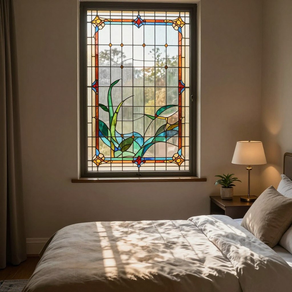 A beautifully designed bedroom featuring a stunning stained and decorative glass window that showcases intricate patterns and colors. In the foreground, the window casts colorful light onto a soft, elegantly made bed with neutral-toned bedding. In the middle, a stylish bedside table with a small potted plant and a contemporary lamp complements the decor. The background includes soft, warm-toned walls that enhance the inviting atmosphere. The scene is illuminated by gentle morning sunlight filtering through the glass, creating a serene and peaceful mood. The angle captures both the window and parts of the room, emphasizing the beauty and functionality of decorative glass for privacy. A beautifully designed bedroom featuring a stunning stained and decorative glass window that showcases intricate patterns and colors. In the foreground, the window casts colorful light onto a soft, elegantly made bed with neutral-toned bedding. In the middle, a stylish bedside table with a small potted plant and a contemporary lamp complements the decor. The background includes soft, warm-toned walls that enhance the inviting atmosphere. The scene is illuminated by gentle morning sunlight filtering through the glass, creating a serene and peaceful mood. The angle captures both the window and parts of the room, emphasizing the beauty and functionality of decorative glass for privacy.
