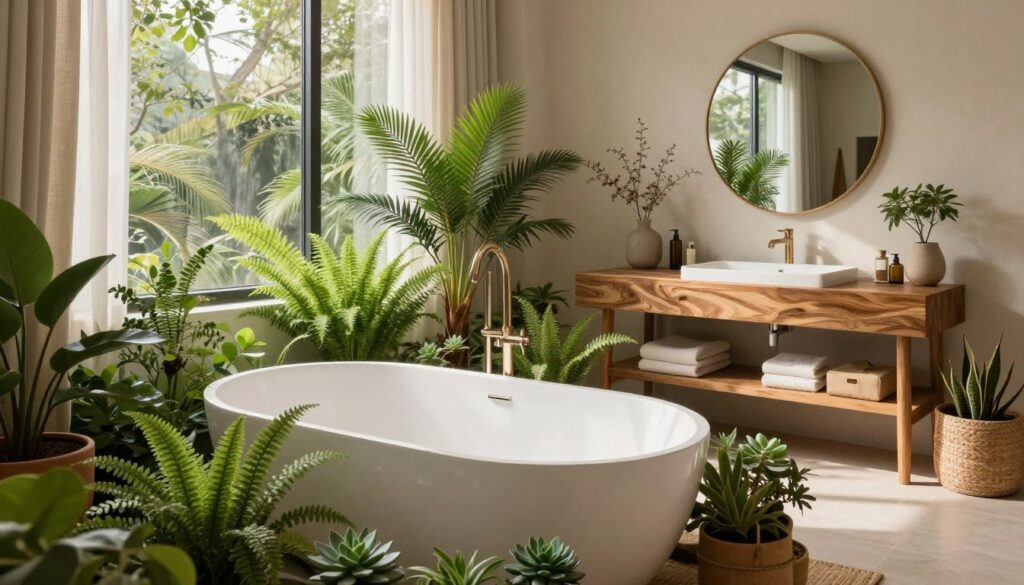 A beautifully designed biophilic bathroom featuring natural textures and an abundance of lush greenery. In the foreground, display a sleek, white freestanding bathtub surrounded by an assortment of potted plants, including ferns and succulents. The middle section showcases a wooden vanity with a textured surface, adorned with stylish fixtures and a large round mirror reflecting the natural light. In the background, incorporate large windows that invite sunlight, framed by sheer curtains, creating a soft and inviting atmosphere. Use warm, earthy tones to evoke a sense of tranquility and connection to nature. The lighting should be soft and diffuse, enhancing the organic feel of the space. Capture this from a slightly elevated angle to provide a comprehensive view of the serene layout. A beautifully designed biophilic bathroom featuring natural textures and an abundance of lush greenery. In the foreground, display a sleek, white freestanding bathtub surrounded by an assortment of potted plants, including ferns and succulents. The middle section showcases a wooden vanity with a textured surface, adorned with stylish fixtures and a large round mirror reflecting the natural light. In the background, incorporate large windows that invite sunlight, framed by sheer curtains, creating a soft and inviting atmosphere. Use warm, earthy tones to evoke a sense of tranquility and connection to nature. The lighting should be soft and diffuse, enhancing the organic feel of the space. Capture this from a slightly elevated angle to provide a comprehensive view of the serene layout.
