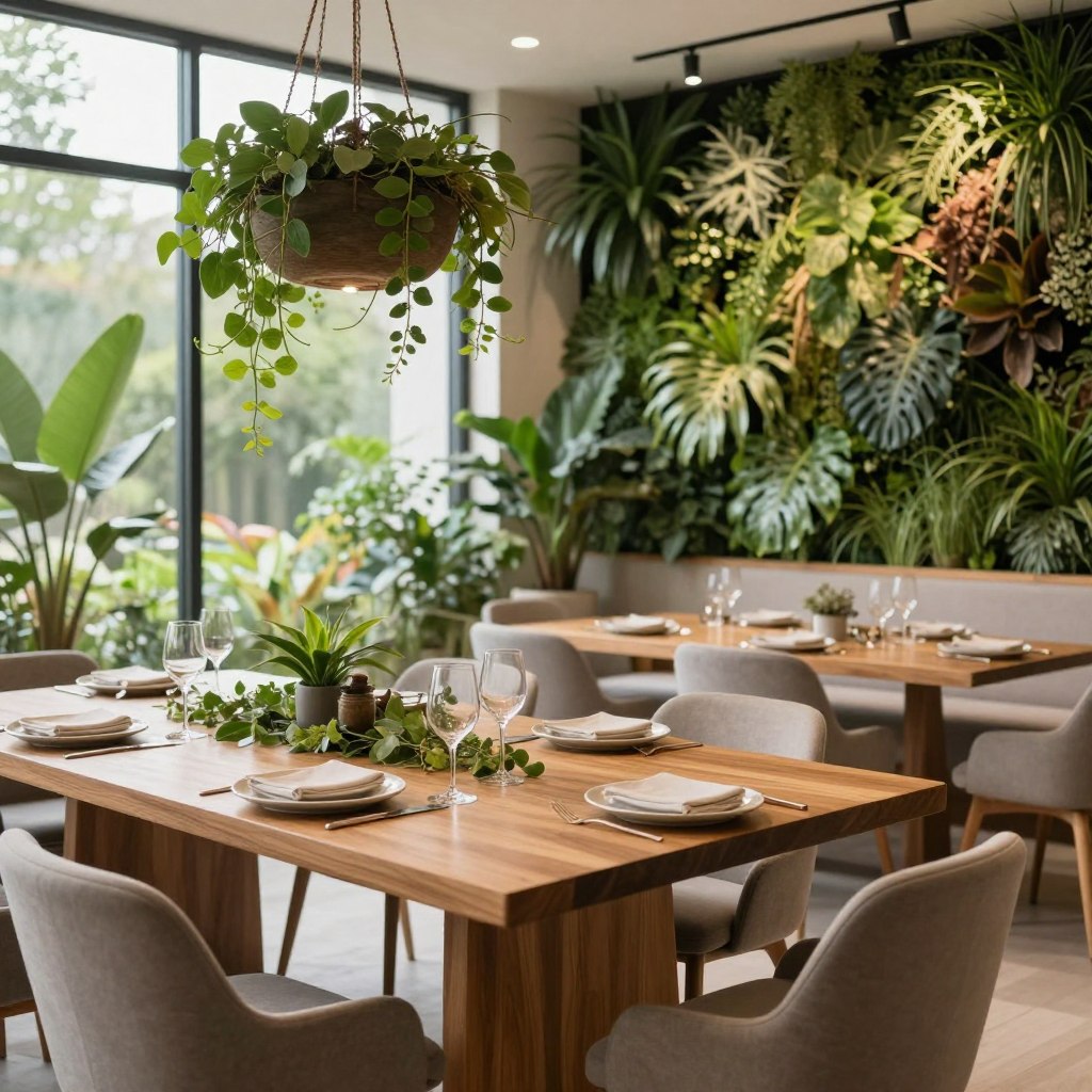 A beautifully designed biophilic dining environment featuring a spacious, sunlit room with large windows bringing in natural light. The foreground showcases a modern wooden dining table adorned with elegant table settings and greenery. In the middle, a mix of comfortable chairs and a hanging planter with lush vines creates a cozy atmosphere. The background reveals lush indoor plants and a striking living wall filled with various textures of greenery, emphasizing the connection to nature. Soft, diffused lighting enhances the warmth of the wood and textiles. The mood is serene and inviting, perfect for gatherings. A slight depth of field focus draws attention to the dining setup, highlighting its modern aesthetic and integration with nature.