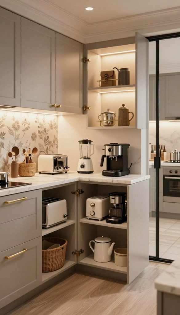 A beautifully designed butler's pantry showcasing innovative kitchen appliance storage solutions. In the foreground, sleek, modern cabinetry with elegant brass handles opens to reveal neatly organized kitchen appliances like a toaster, blender, and coffee maker, all arranged on shelving units. In the middle, illuminated by soft, warm lighting, a marble countertop offers additional workspace, with decorative baskets storing accessories. The background features a stylish wallpaper, enhancing the overall aesthetic, while large glass doors allow a glimpse of the organized yet hidden kitchen. The ambiance is warm and inviting, evoking a sense of sophistication and efficiency, captured from a slightly elevated angle to emphasize the depth and functionality of the space.