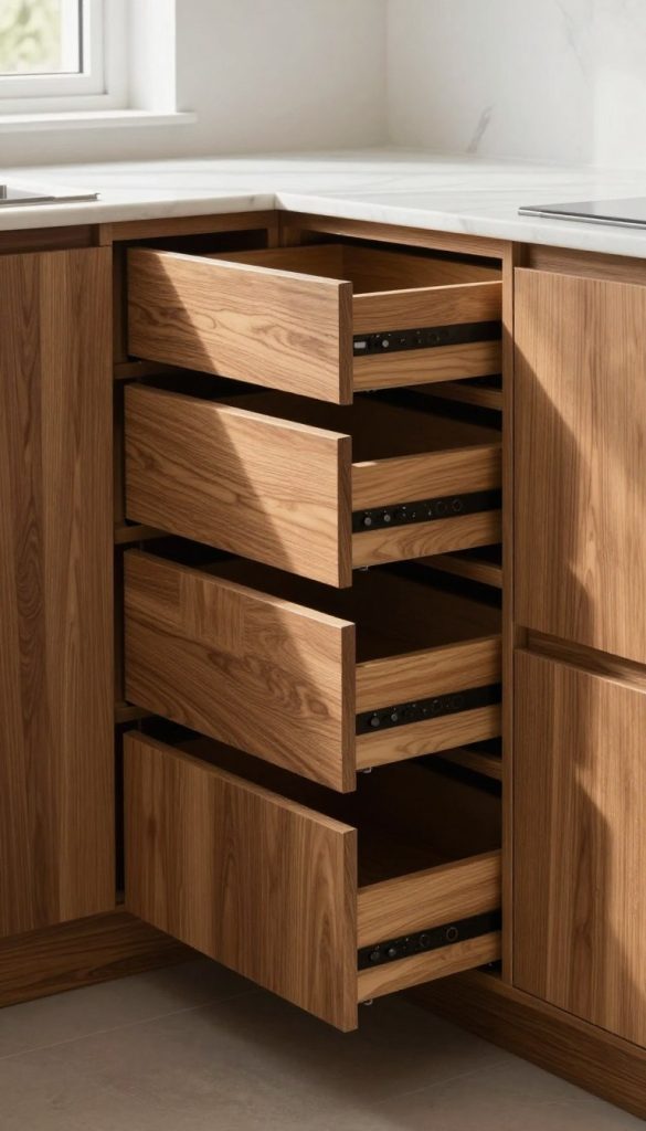 A beautifully designed corner kitchen cabinet featuring a modern diagonal drawer layout. The cabinet is crafted from rich, warm oak wood, showcasing the unique grain patterns. The diagonal drawers open smoothly, offering ample storage space for kitchen essentials. Ambient natural light streams in from a nearby window, casting soft shadows and highlighting the cabinet's elegant finish. In the background, a spacious kitchen with white walls and sleek marble countertops adds a contemporary touch, enhancing the focus on the corner cabinet. The angle of the shot captures the cabinet at a slight perspective, emphasizing its functionality and aesthetic appeal, creating an inviting and organized atmosphere in the kitchen.